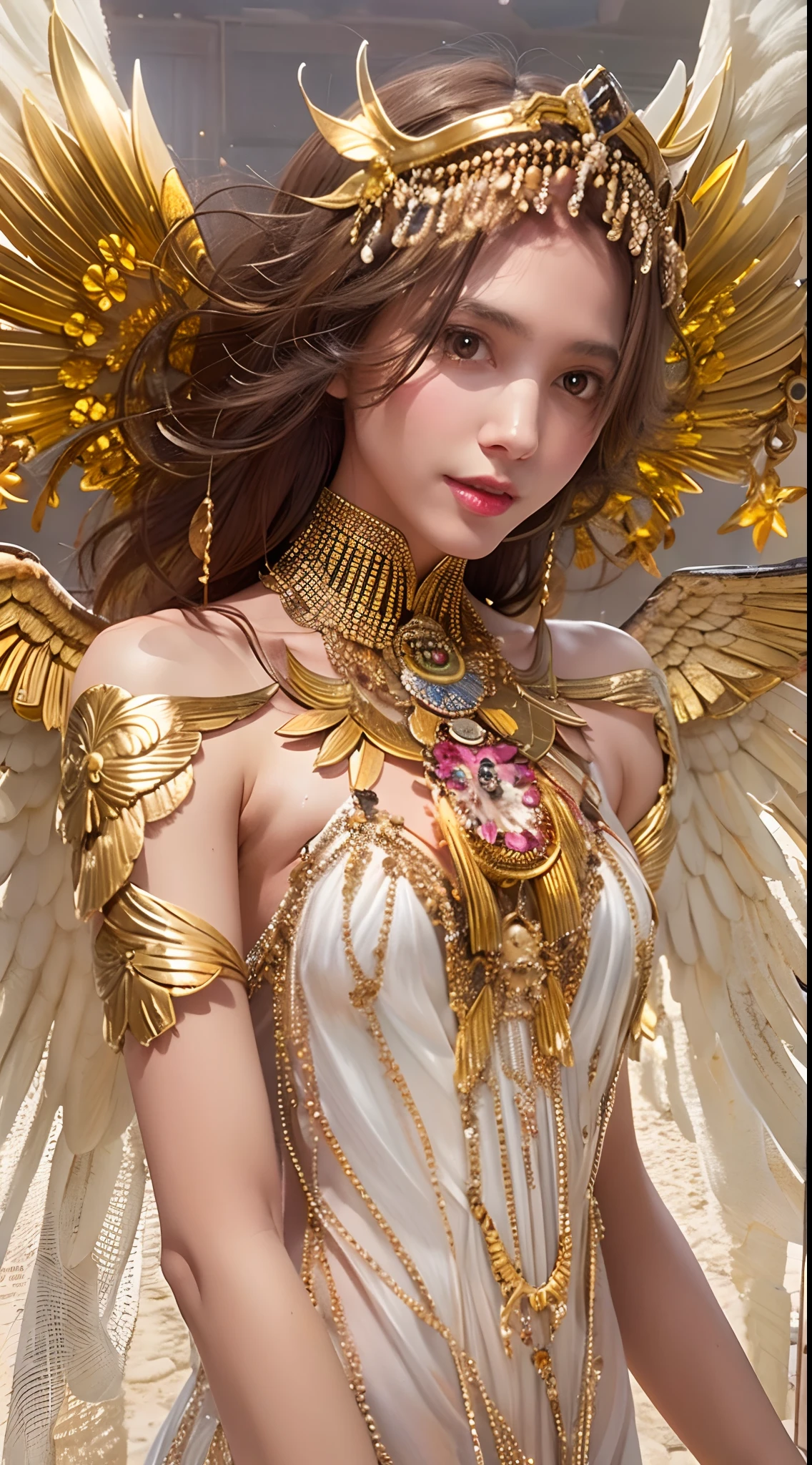 naked fallen angel(one girl) in egypt with white beautiful wings,beautiful breasts(pink ),gold brown hair detail,beautiful body,( detail),beautiful anatomy,gold ratio