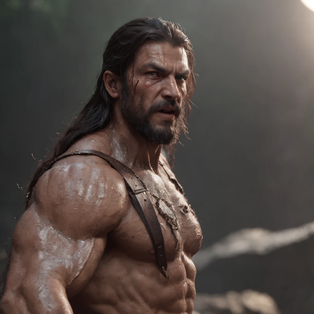 (professional 3d render:1.3) af (Realistic:1.3) most beautiful artwork photo in the world,Features soft and shiny male heroes, ((Epic hero fantasy muscle man rough wet hero angry looking long hair short beard and ferocious expression in dynamic pose, Fantastic location, Majestic cluttered environment)), Full body 8K unified rendering, action shot, skin pore, very dark lighting, heavyshading, Detailed, Detailed face, (vibrant, photograph realistic, Realistic, Dramatic, Dark, Sharp focus, 8K), (Old leather garments damaged by weathering:1.4), ((((Wear fur)))), (Intricate:1.4), decadent, (Highly detailed:1.4), Digital painting, rendering by octane, art stations, concept-art, smooth, Sharp focus, illustration, Art germ, (loish:0.23), wlop ilya kuvshinov, and greg rutkowski and alphonse mucha gracias, (Global illumination, Studio light, volumettic light), heavy rain, particles floating, lotr, fantasy, elf, full bodyesbian, ((Dark and ancient city background:1.3)),CGSesociety,art stations