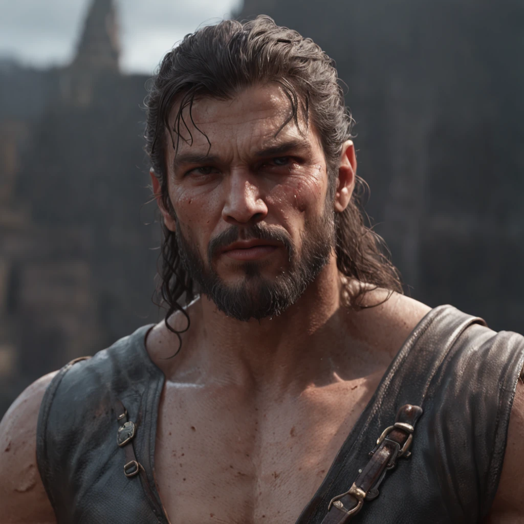 (professional 3d render:1.3) af (Realistic:1.3) most beautiful artwork photo in the world,Features soft and shiny male heroes, ((Epic hero fantasy muscle man rough wet hero angry looking long hair short beard and ferocious expression in dynamic pose, Fantastic location, Majestic cluttered environment)), Full body 8K unified rendering, action shot, skin pore, very dark lighting, heavyshading, Detailed, Detailed face, (vibrant, photograph realistic, Realistic, Dramatic, Dark, Sharp focus, 8K), (Old leather garments damaged by weathering:1.4), ((((Wear fur)))), (Intricate:1.4), decadent, (Highly detailed:1.4), Digital painting, rendering by octane, art stations, concept-art, smooth, Sharp focus, illustration, Art germ, (loish:0.23), wlop ilya kuvshinov, and greg rutkowski and alphonse mucha gracias, (Global illumination, Studio light, volumettic light), heavy rain, particles floating, lotr, fantasy, elf, full bodyesbian, ((Dark and ancient city background:1.3)),CGSesociety,art stations