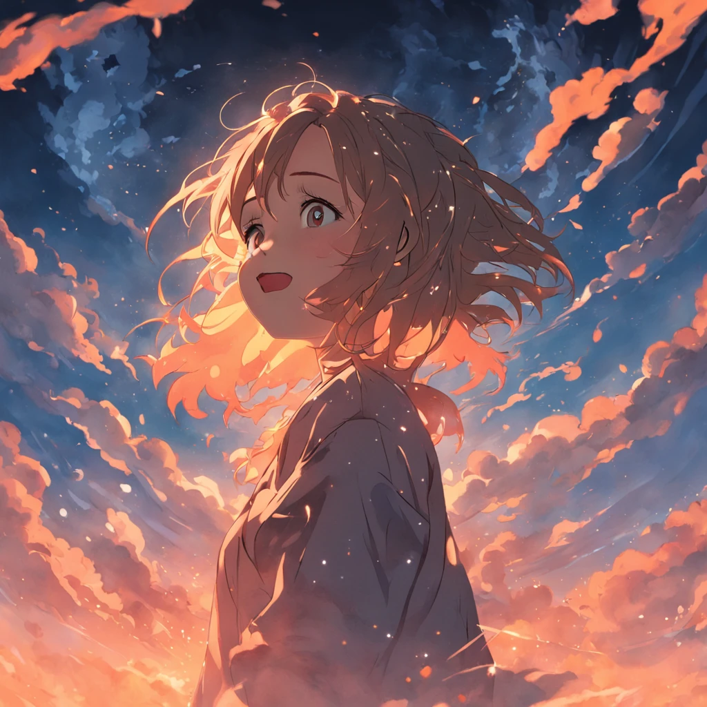 "obra maestra, mejor calidad, Still film, 1 chica en, Chica de las nubes, flotando en el cielo, primer plano, brillante, feliz, soft warm lighting, puesta de sol, Chispas: 0,7"