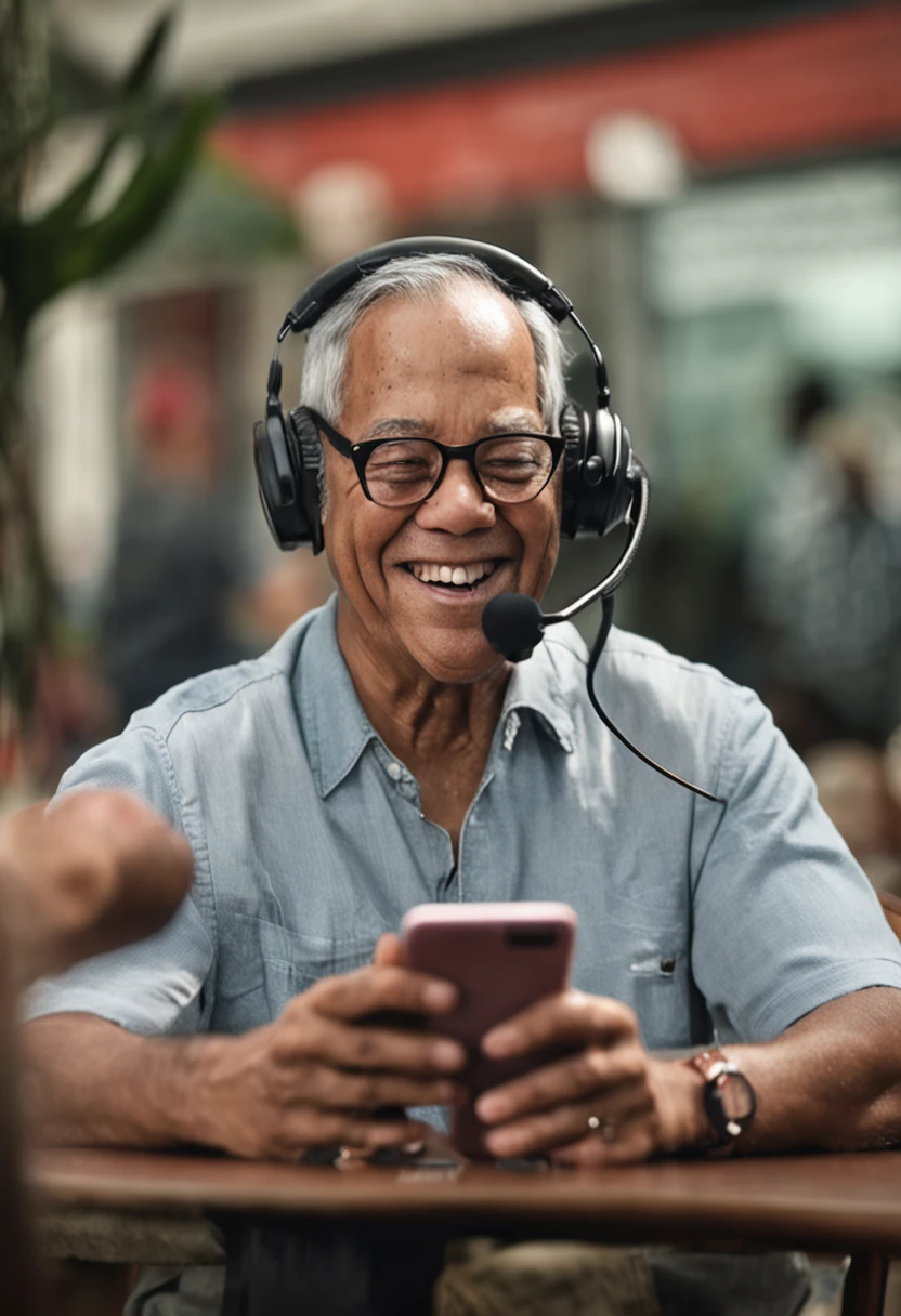 menino sorridente sentado com fone de ouvido, na mesa um radio transmissor vellho