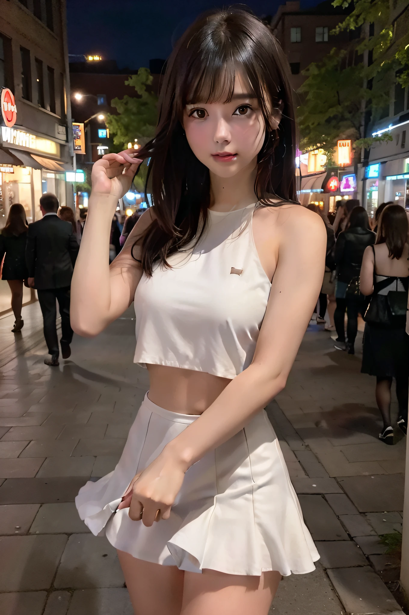 ((lifelike lighting, Melhor qualidade, 8K, Obra-prima: 1.3)), Foco: 1.2, 1girl, Figura perfeita: 1.4, Slim Abs: 1.1, ((Cabelo castanho escuro)), (Vestido branco: 1.4), (Ao ar livre, Noite: 1.1), Ruas da cidade, Rosto super fino, Olhos finos, 二重まぶた, gatos de rua brigando.