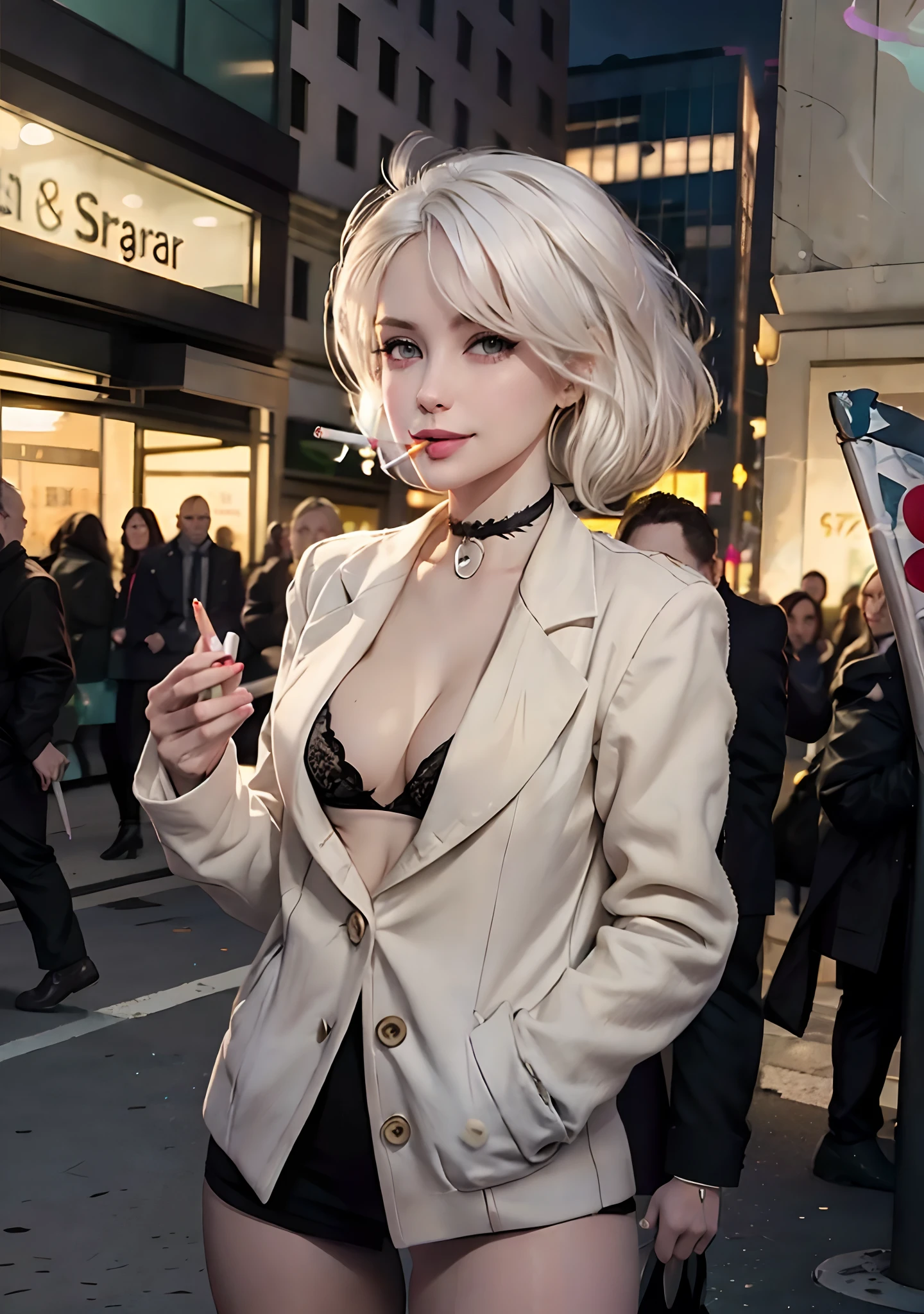 (masterpiece, best quality:1.2), cowboy shot, solo, 1girl, white hair, short wavy hair, purple eyes, average breasts, slender body, light smile, looking at viewer, one hand in pocket, lady office suit, cleavage, choker, cityscape scenery, street, night light, night time, smoking cigarette, cigsmoker, fingers holding cigarette