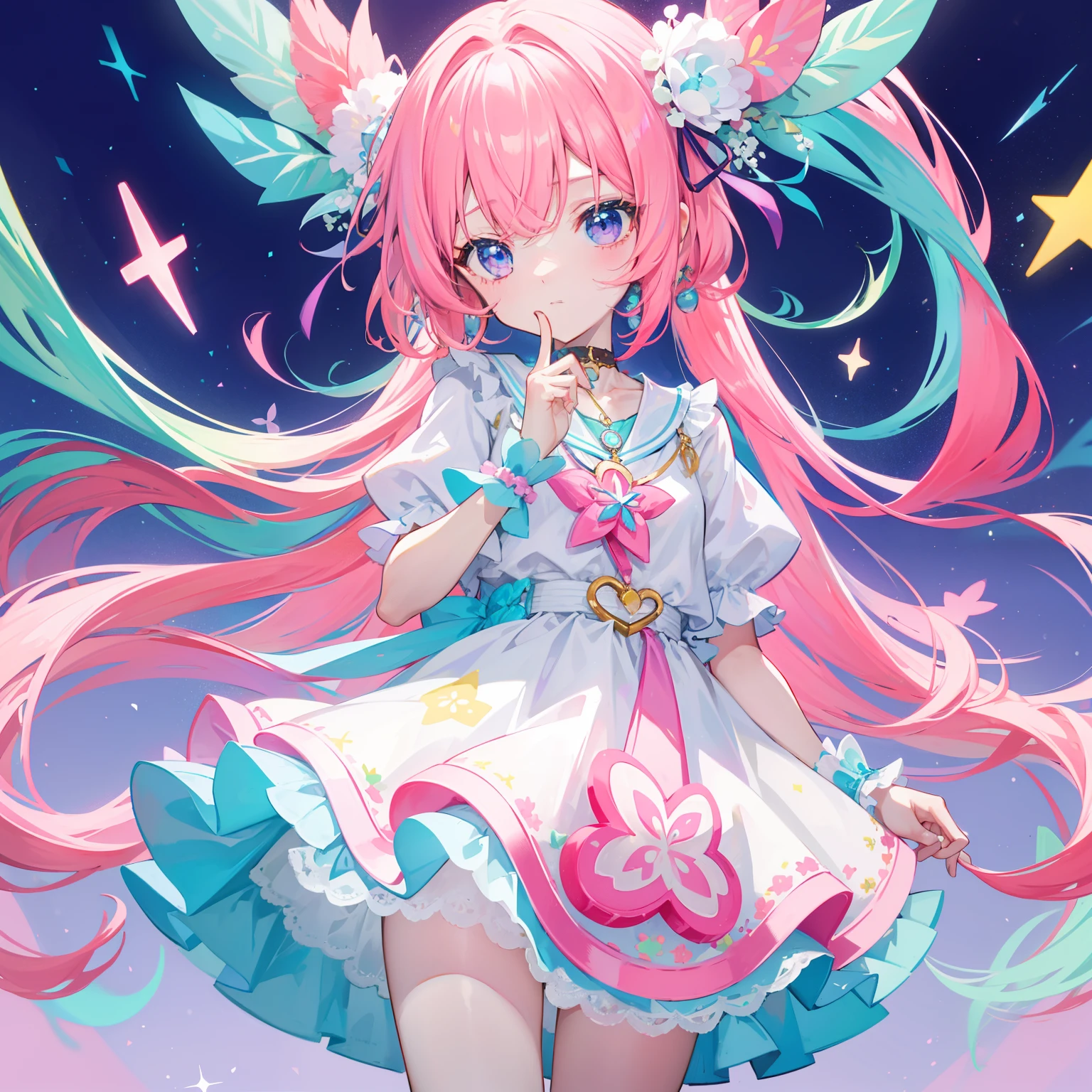 Colorful light background,long whitr hair,Has a bright pinkish-purple transparent gum texture,In pink、Wear yours with blue and white,yellow and greens,Cyan matching accessories pendant decoration,This is a very sweet and sweet li girl