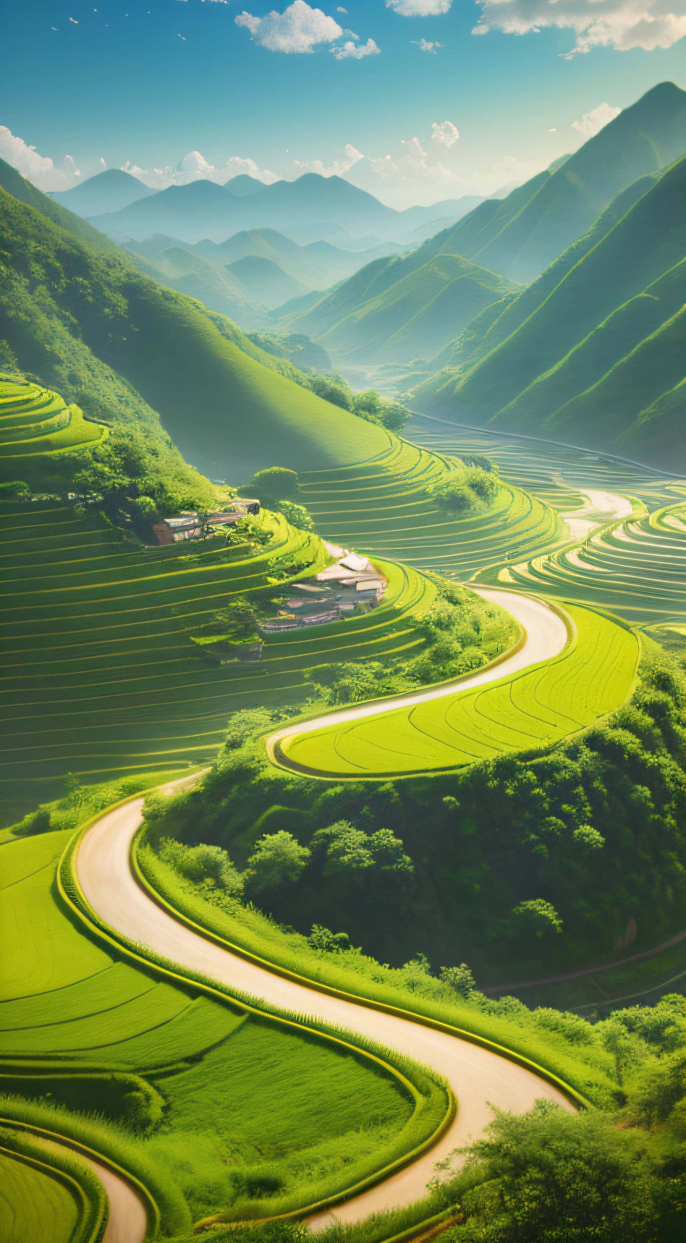 arafed view of a winding road in a valley with a mountain in the background, grass spiral mountain landscape, rice paddies, amazing landscape, futuristic valley, terraced, rolling green hills, terraced orchards and ponds, breathtaking landscape, made of tree and fantasy valley, beautifully lit landscape, natural landscape beauty, shadows. asian landscape, peaceful landscape, stunning landscape