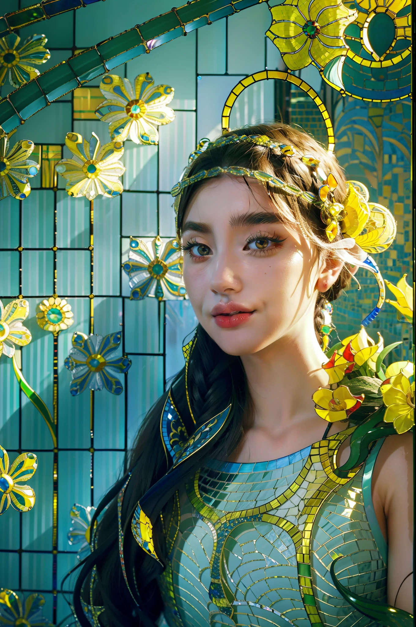 20-year-old woman, yellow fishtail braid, expressive eyes, smirk, makeup, eyelashes, nose, neck, beautiful full shoulders, against a background of huge bright flowers, (mosaic:1.2), (Venetian glass:1.7), (Illustration, Painting, Oil, Gouache, USA:0.5), style of Amy Earles