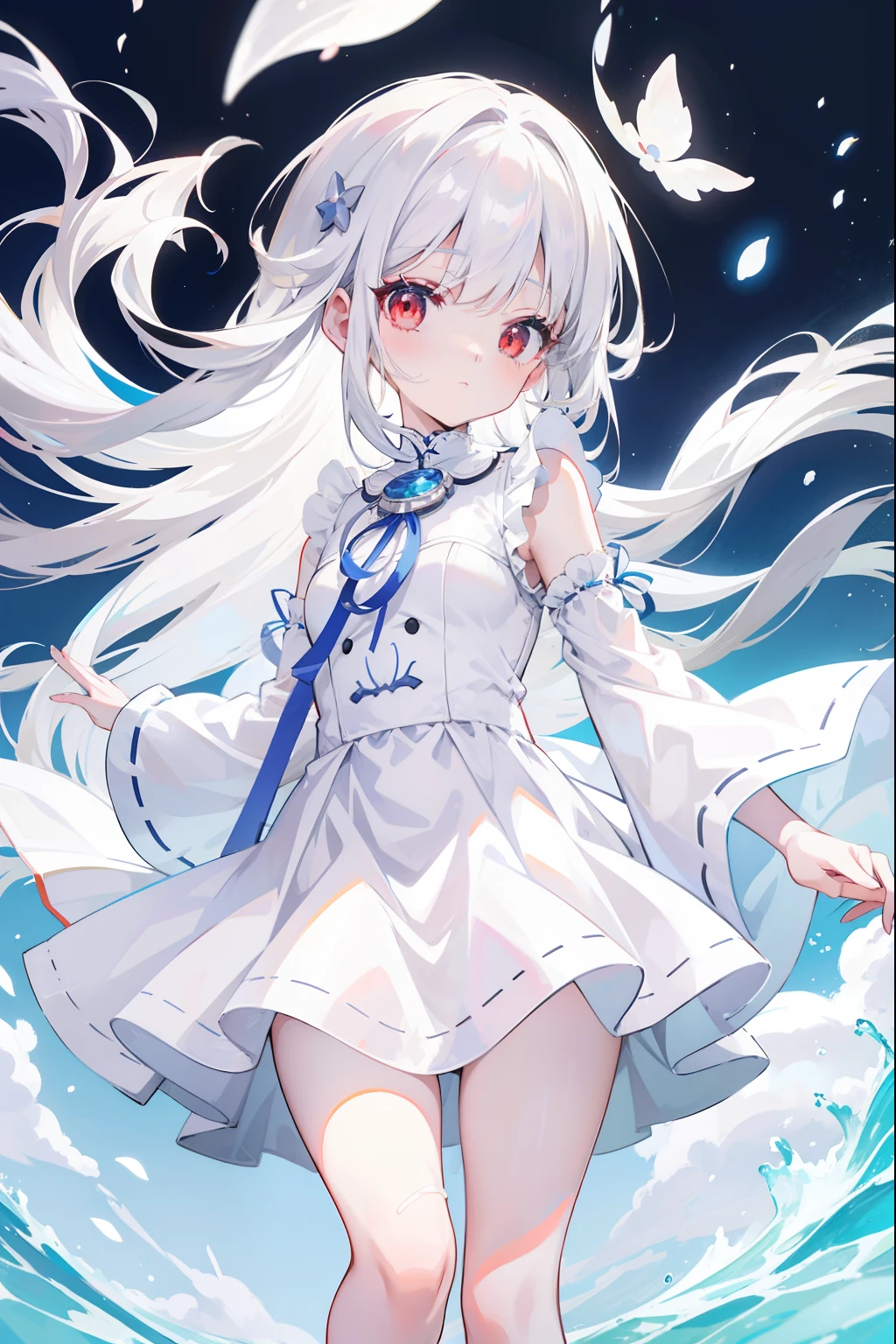 Anime girl walking on city streets in white dress, in dress, White dress!! of silver hair, small curvaceous loliite-haired god, cute anime waifu in a nice dress, Girl with white hair, Flowing white hair, anime visual of a cute girl, White Cat Girl, pale young ghost girl, white hair floating in air, up of young anime girl,red eyes