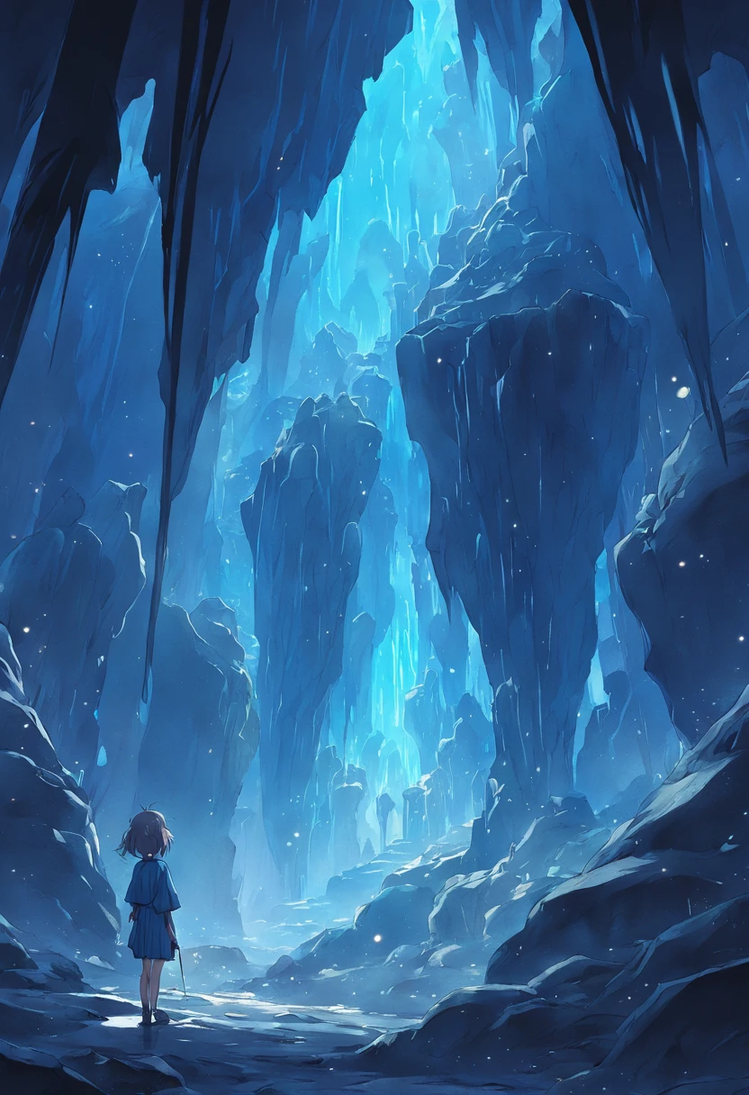 (by Greg Rutkowski: 1.2), (masterpiece), (best quality), extremely delicate and beautiful, illustration, (fantasy landscape), A mesmerizing fantasy landscape with enchanting elements blending seamlessly. (Majestic crystal cave mine), adorned with vibrant blue hue glow reflecting off the surroundings. A sense of tranquility and wonder fills the air, inviting exploration and discovery, depth of field, HDR, intricate, delicate