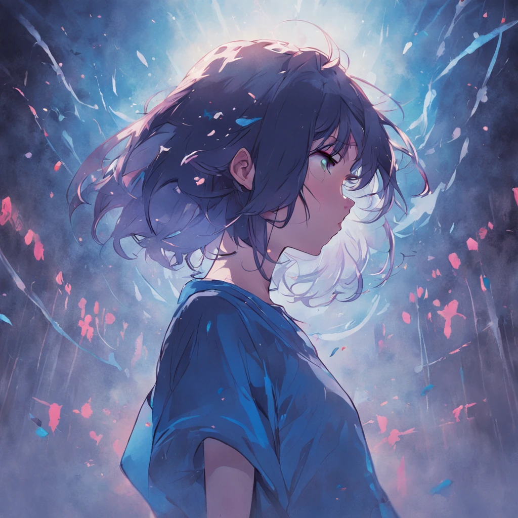 (fundo branco:1.4),(Silhouette of a girl's head, cabelo roxo curto, cachecol marrom, uma camiseta azul escuro, and a light blue knee-length shorts. A belt with several paints, and a brush feather behind him. Ele usa uma bolsa com essa pena de tinta),(Chinese illustration:1.3,arte em papel:1.3, Arte em papel acolchoado:1.2),( Reasonable design, linhas claras, alta nitidez,best quality, Very detailed, master part, Efeito de luz do filme, 4k )