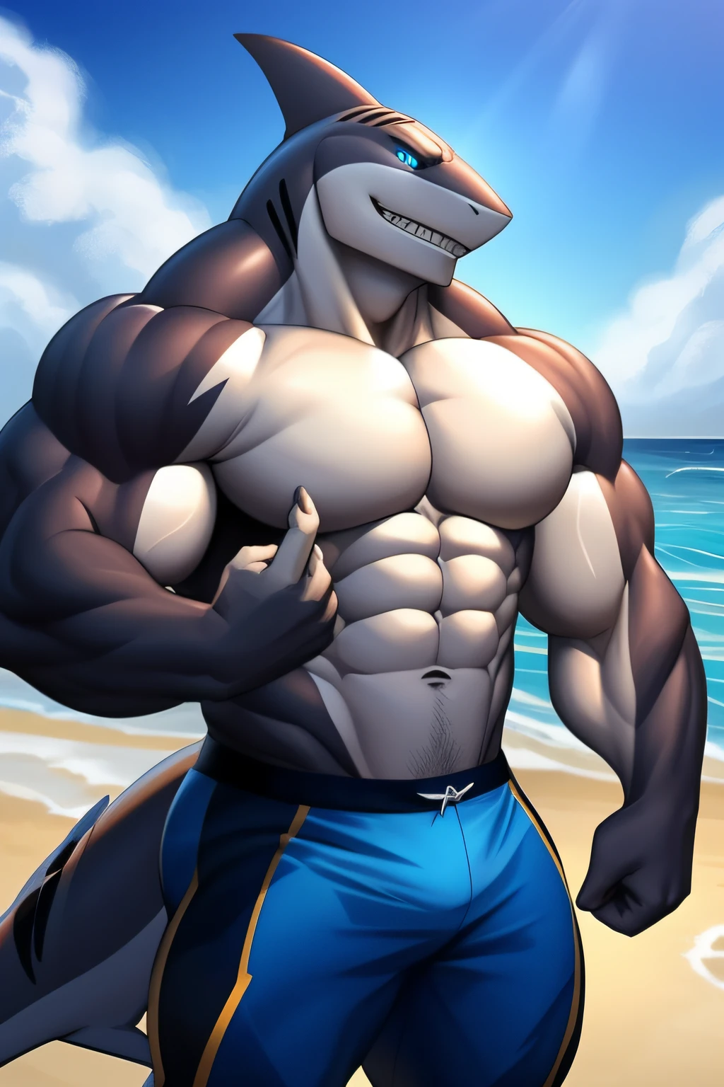 nj5furry, (albino shark, huge), albino shark, ((extremely realistic shadows, masterpiece, extremely detailed, photorealistic)), kemono, albino skin, blue eyes, wearing a tiny thong revealing huge muscular thighs, bulge in the crotch, Beach. Height 185 cm, the optimal height, tight clothing, body full of muscles; ripped abs, V-shaped body, thick waist, long legs, strong arms manly, handsome face, attractive cool calm face type with a cold smile, topless.