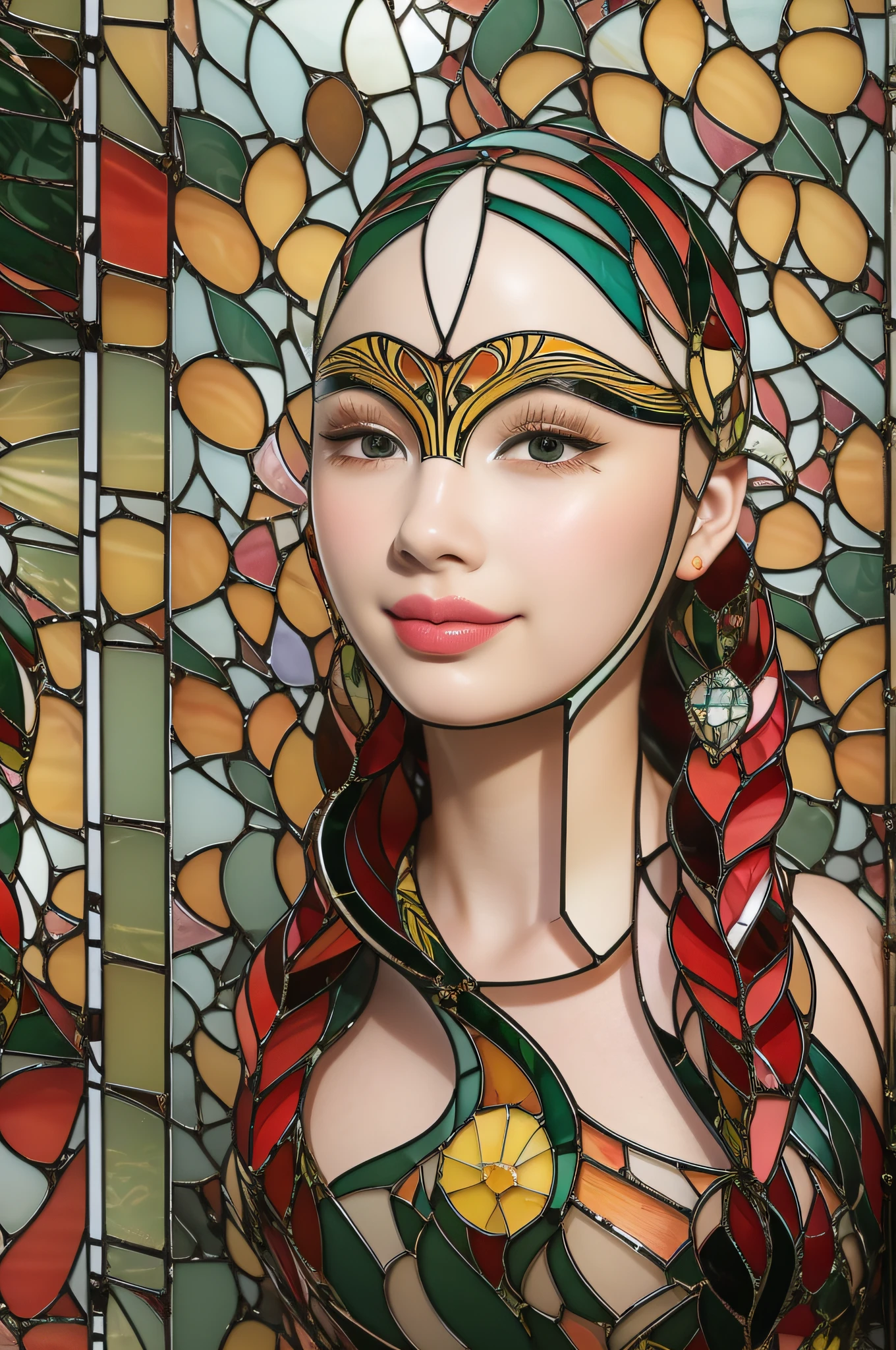 20-year-old woman, yellow fishtail braid, expressive eyes, smirk, makeup, eyelashes, nose, neck, beautiful full shoulders, against a background of huge bright flowers, (mosaic:1.2), (Venetian glass:1.7), (Illustration, Painting, Oil, Gouache, USA:0.5), style of Amy Earles