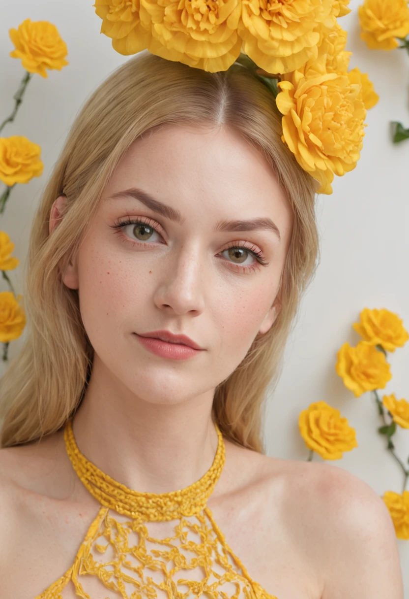 20-year-old woman, yellow fishtail braid, expressive eyes, smirk, makeup, eyelashes, nose, neck, beautiful full shoulders, against a background of huge bright flowers, (mosaic:1.2), (Venetian glass:1.7), (Illustration, Painting, Oil, Gouache, USA:0.5), style of Amy Earles