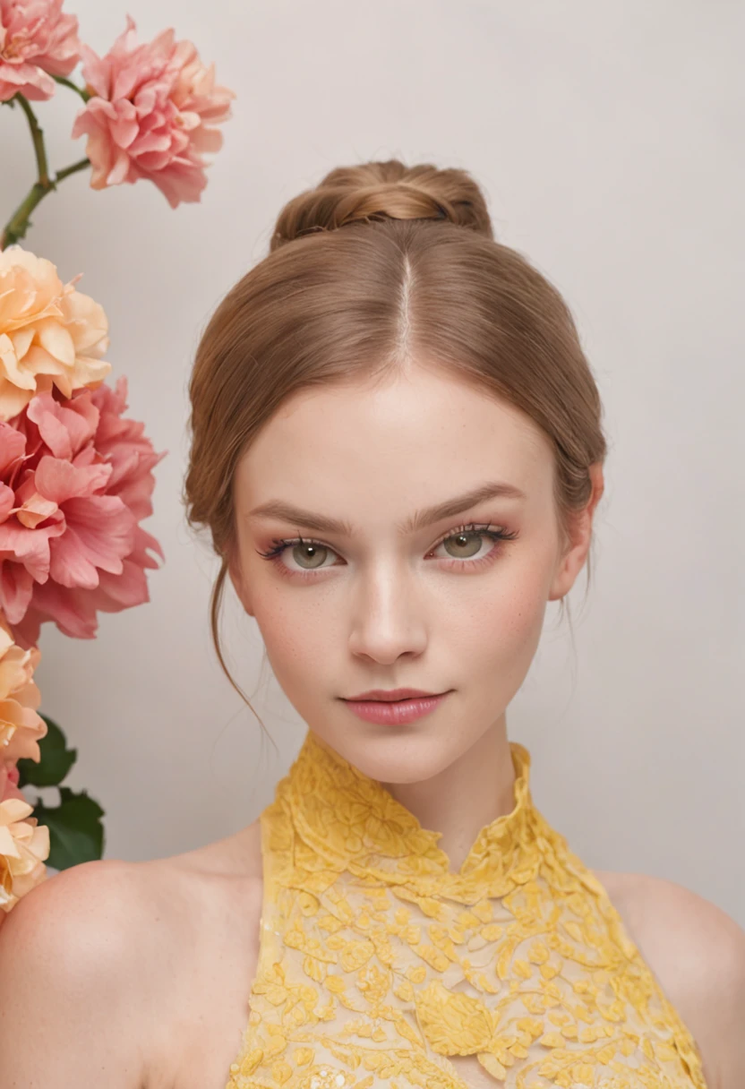 20-year-old woman, yellow fishtail braid, expressive eyes, smirk, makeup, eyelashes, nose, neck, beautiful full shoulders, against a background of huge bright flowers, (mosaic:1.2), (Venetian glass:1.7), (Illustration, Painting, Oil, Gouache, USA:0.5), style of Amy Earles