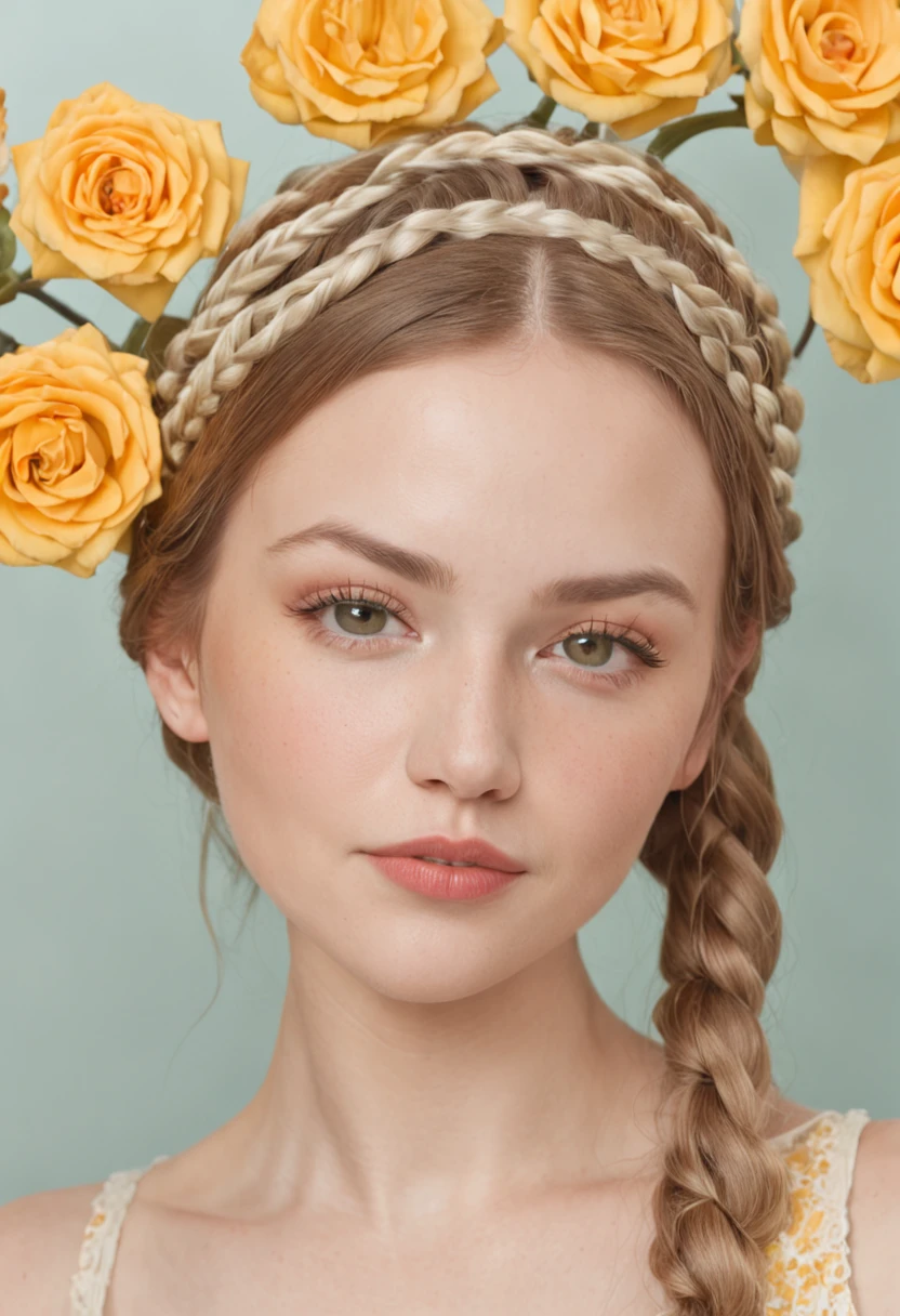 20-year-old woman, yellow fishtail braid, expressive eyes, smirk, makeup, eyelashes, nose, neck, beautiful full shoulders, against a background of huge bright flowers, (mosaic:1.2), (Venetian glass:1.7), (Illustration, Painting, Oil, Gouache, USA:0.5), style of Amy Earles