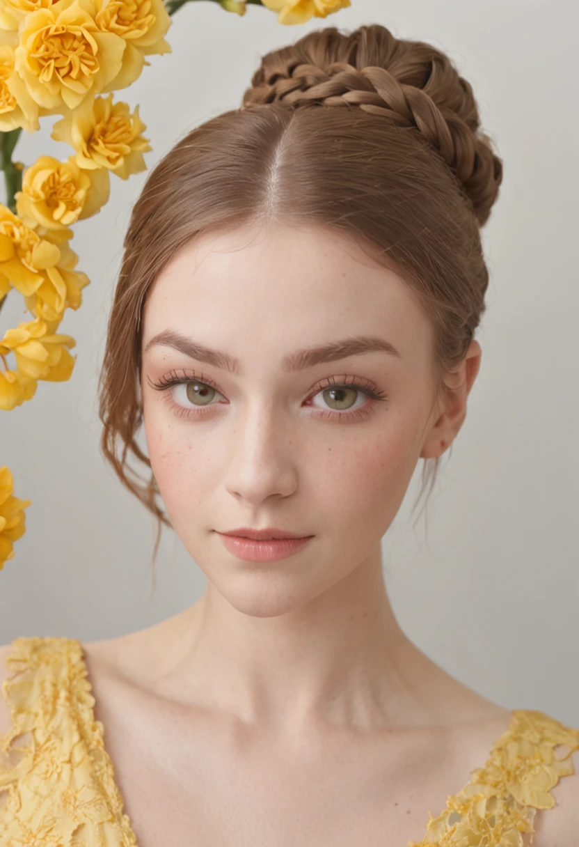 20-year-old woman, yellow fishtail braid, expressive eyes, smirk, makeup, eyelashes, nose, neck, beautiful full shoulders, against a background of huge bright flowers, (mosaic:1.2), (Venetian glass:1.7), (Illustration, Painting, Oil, Gouache, USA:0.5), style of Amy Earles