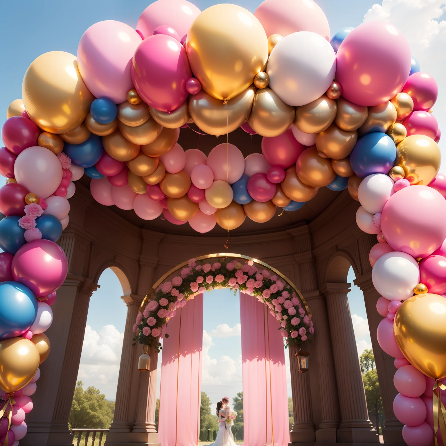 Pink and gold balloon arch with pink and gold panels