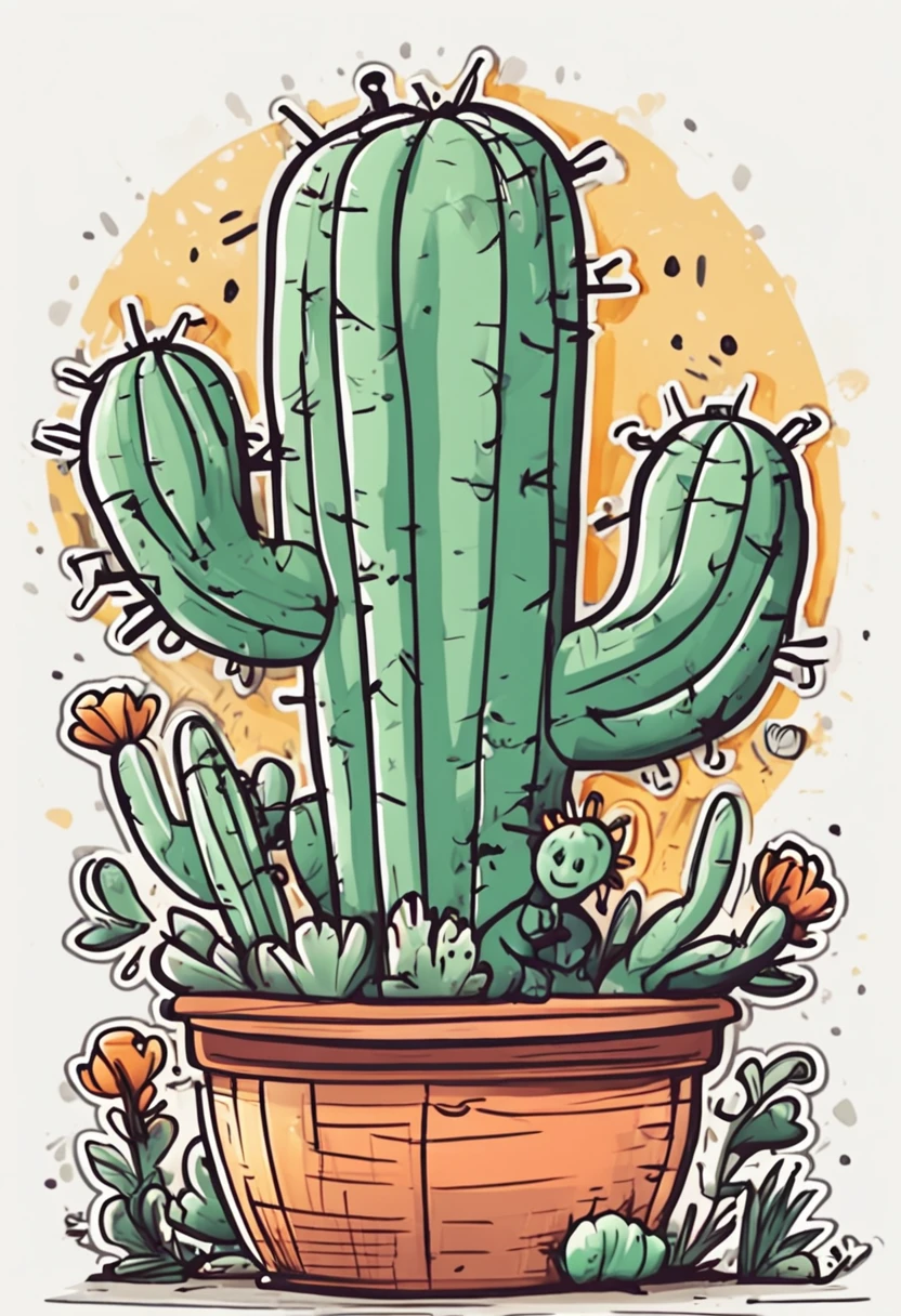 Sticker, Cactus in a pot, Drawing is simple, white backgrounid, Sticker drawing for children from 3 to 6 ,