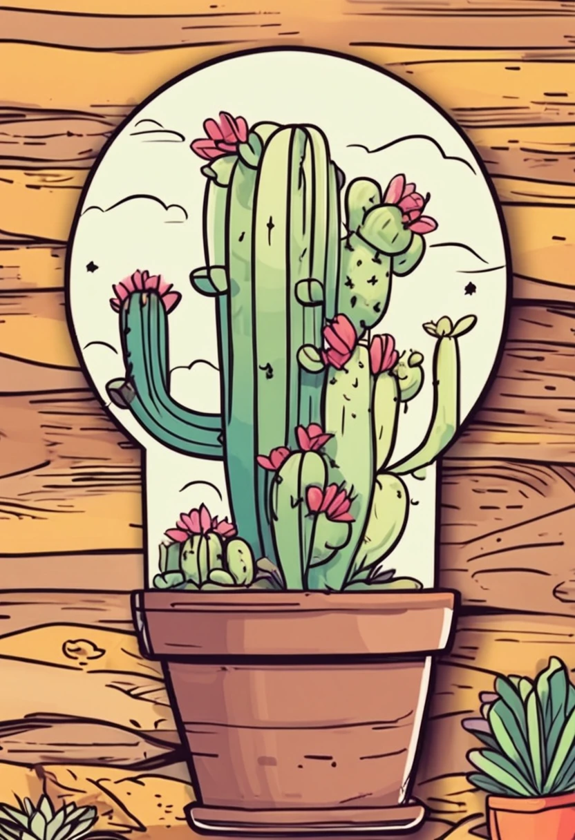 Sticker, Cactus in a pot, Drawing is simple, white backgrounid, Sticker drawing for children from 3 to ,