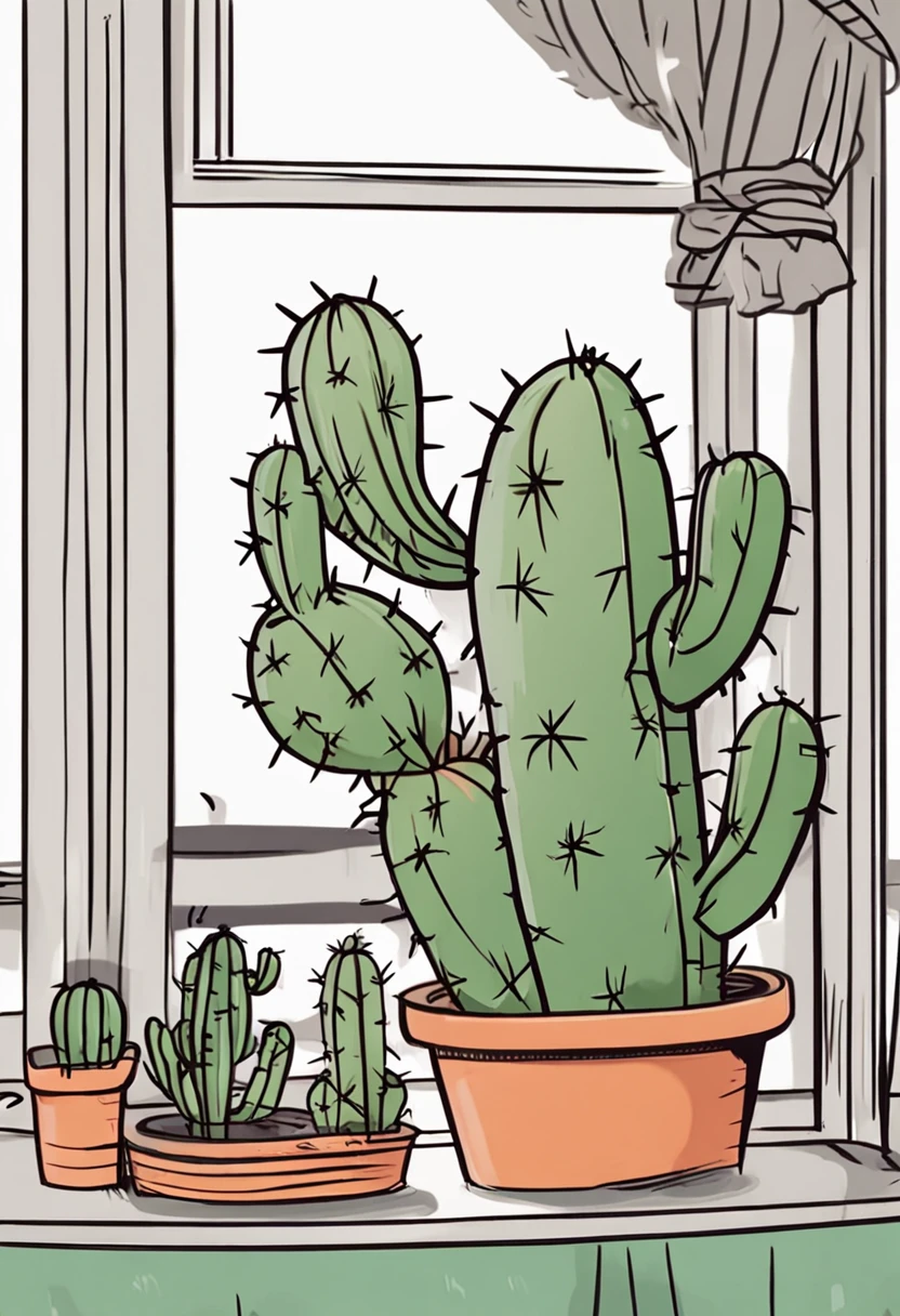 Sticker, Cactus in a pot, Drawing is simple, white backgrounid, Sticker drawing for children from 3 to 6 years old,