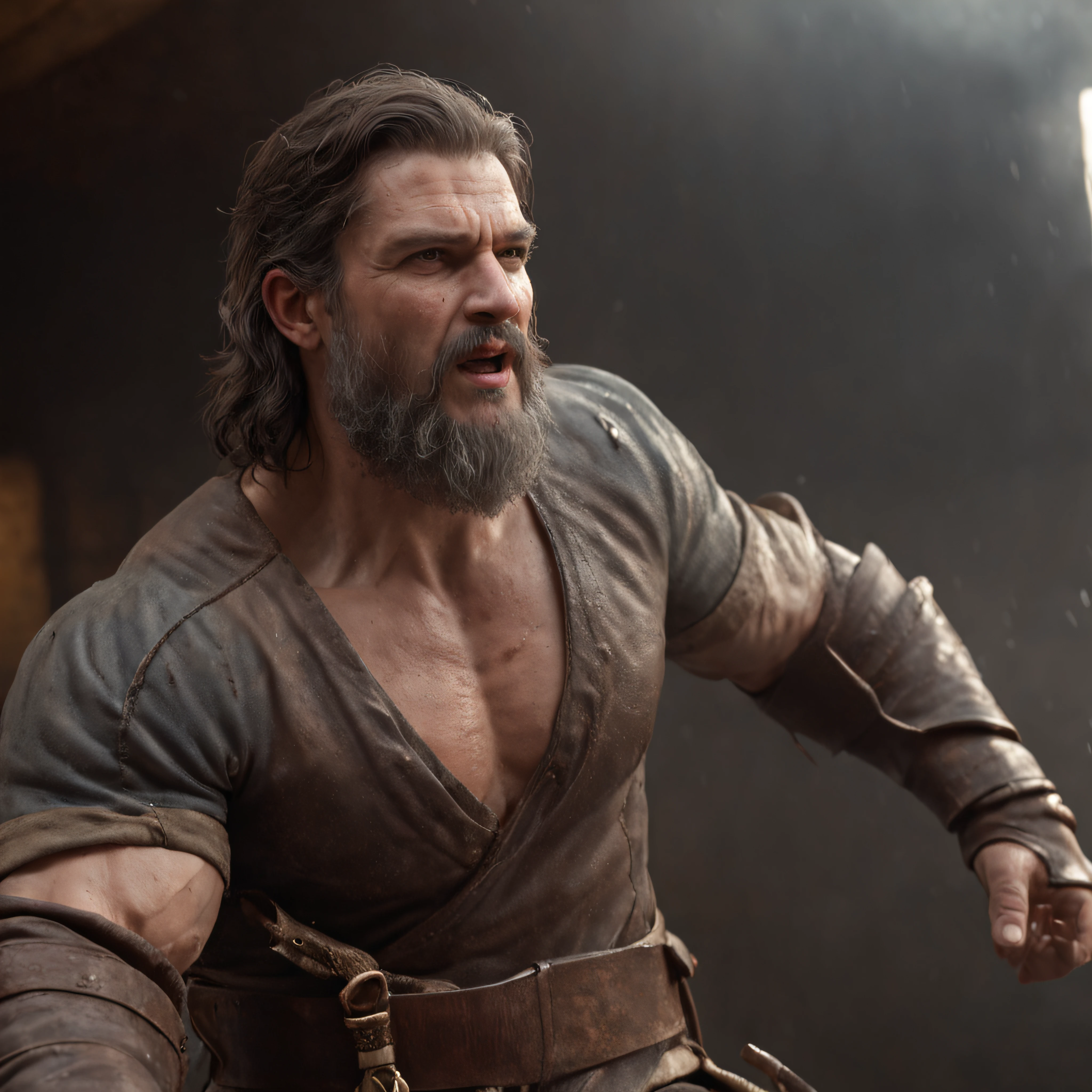 (Renderizado 3D profesional:1.3) de (realista:1.3) The most beautiful art photo in the world,Features soft and bright male heroes, ((Epic hero fantasy muscular rough man wet hero angry look long hair short beard and fierce expression in dynamic pose, Fantastic location, majestuoso entorno desordenado)), Renderizado 8k Unity de cuerpo completo, action shot, poro de la piel, very dark lighting, Sombreado pesado, Detallado, Cara detallada, (Vibrante, Realistic photography, realista, dramatic, oscuro, foco nítido, 8k), (Old leather garments damaged by weathering:1.4), ((((Use pieles)))), (intrincado:1.4), decadente, (Altamente detallado:1.4), Pintura digital, Renderizado por Octane, Estaciones de arte, Concepto-Arte, Suave, foco nítido, illustration, Arte Germen, (loish:0.23), WLOP Ilya Kuvshinov, y Greg Rutkowski y Alphonse Mucha gracias, (global ilumination, Luz de estudio, Light Volumetric), fuertes lluvias, particles floating, LotR, fantasy, Once, cuerpo completosbian, ((Fondo oscuro y antiguo de la ciudad:1.3)),CGSesociety,Estaciones de arte