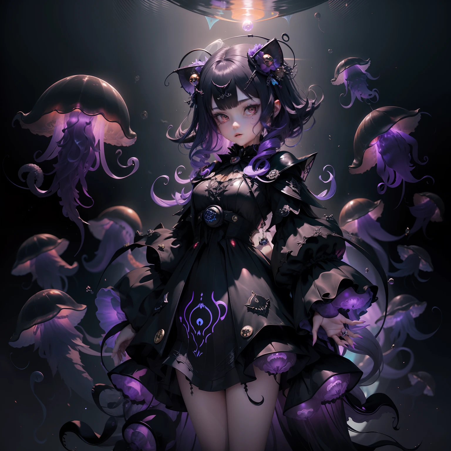 Vampire Squid Girl, female solo。black gothic lolita dress, capes, Purple luminous orb on dress, Jellyfish in a skirt, Bat design of the dress, Countless black jellyfish float, Jellyfish with bat wings, Tentacles from the skirt, One big black jellyfish overhead, nigh sky, fullmoon, Cat ear hair ornament on her head, Two shiny balls hair ornament on her head, Armor Ring,