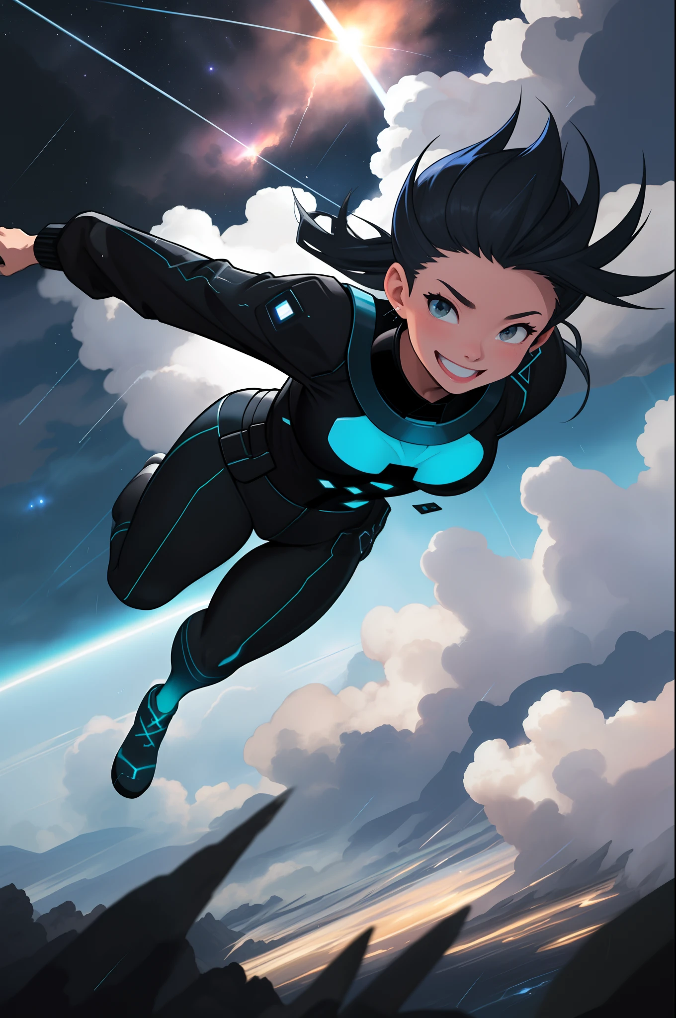 Superhero, well-rendered face, flying through the sky, smiling, dodging bullets, meteor falling on the planet, blue clouds, lightning, rain, sunlight, black clothes, lined body, blue clouds, meteor shower