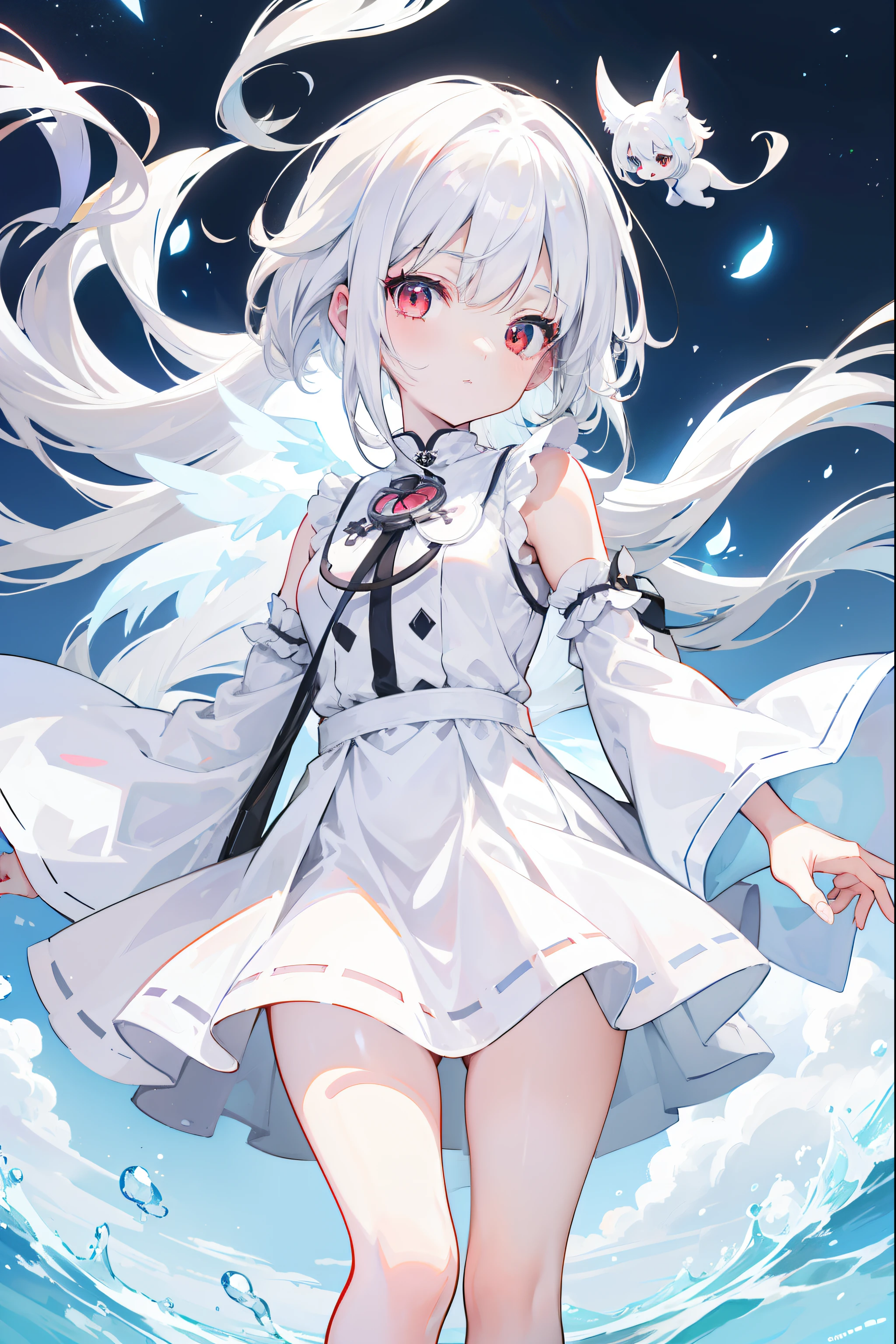 Anime girl walking on city streets in white dress, loli in dress, White dress!! of silver hair, small curvaceous loli, White-haired god, cute anime waifu in a nice dress, Girl with white hair, Flowing white hair, anime visual of a cute girl, White Cat Girl, pale young ghost girl, white hair floating in air, up of young anime girl，red eyes