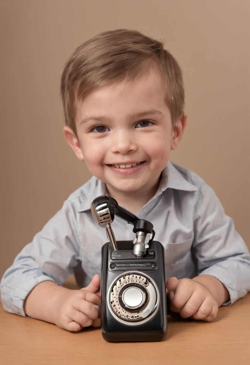 pequeno sorridente sentado com fone de ouvido, na mesa um radio transmissor vellho com um microfone de mesa