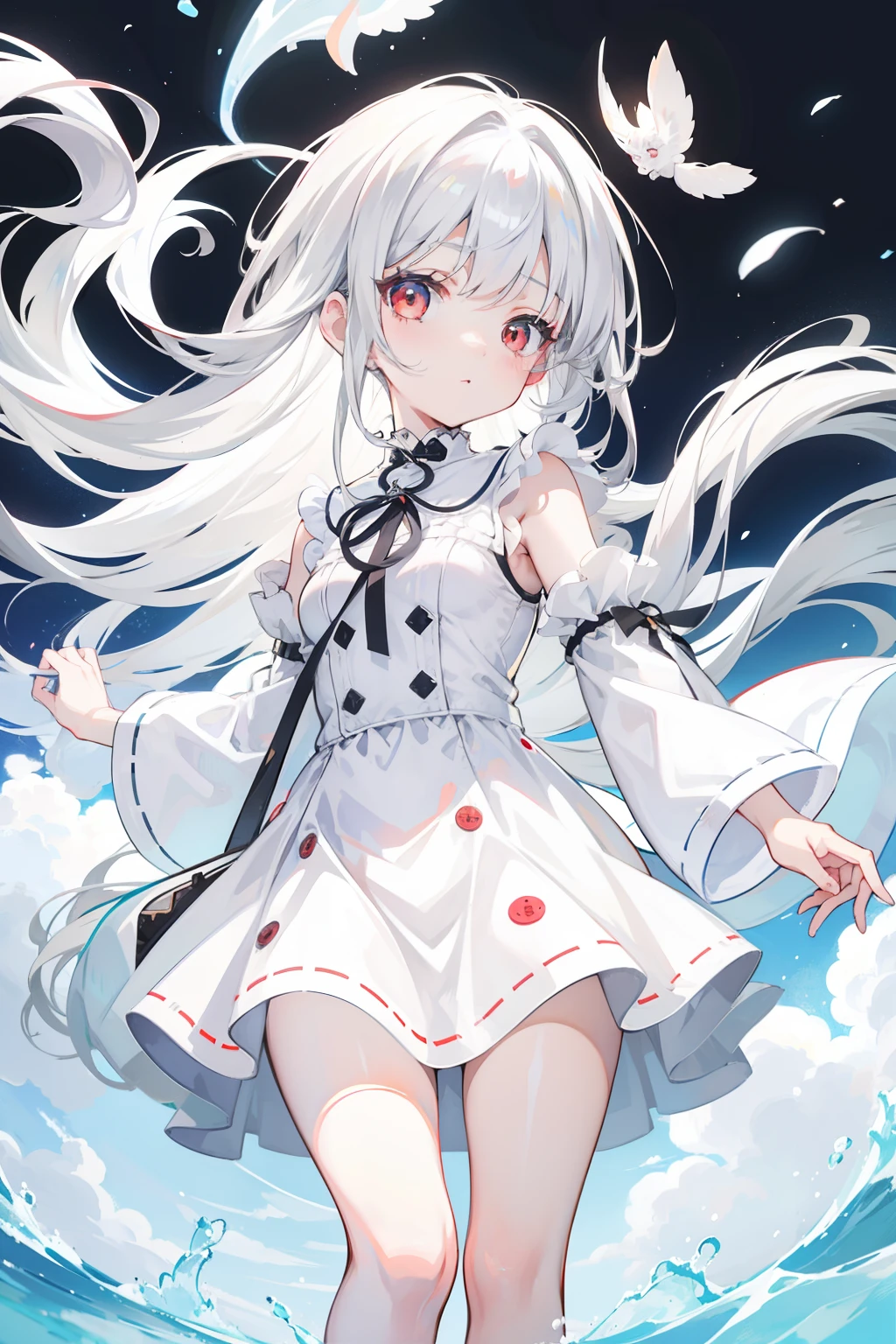 Anime girl wearing white dress,Walk the city streets,small curvaceous loli,Silvery hair,Cute anime-style nostalgic wear,Girl with gray hair,White Cat Girl,white hair floating in air,Young red eye anime girl