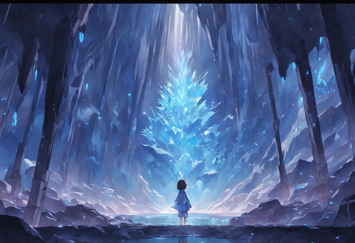 (by Greg Rutkowski: 1.2), (masterpiece), (best quality), extremely delicate and beautiful, illustration, (fantasy landscape), A mesmerizing fantasy landscape with enchanting elements blending seamlessly. (Majestic crystal cave mine), adorned with vibrant blue hue glow reflecting off the surroundings. A sense of tranquility and wonder fills the air, inviting exploration and discovery, depth of field, HDR, intricate, delicate