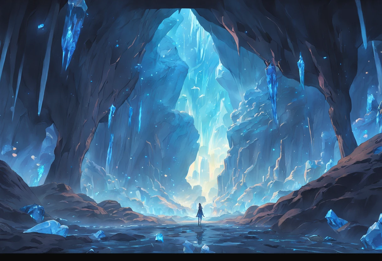 (by Greg Rutkowski: 1.2), (masterpiece), (best quality), extremely delicate and beautiful, illustration, (fantasy landscape), A mesmerizing fantasy landscape with enchanting elements blending seamlessly. (Majestic crystal cave mine), adorned with vibrant blue hue glow reflecting off the surroundings. A sense of tranquility and wonder fills the air, inviting exploration and discovery, depth of field, HDR, intricate, delicate