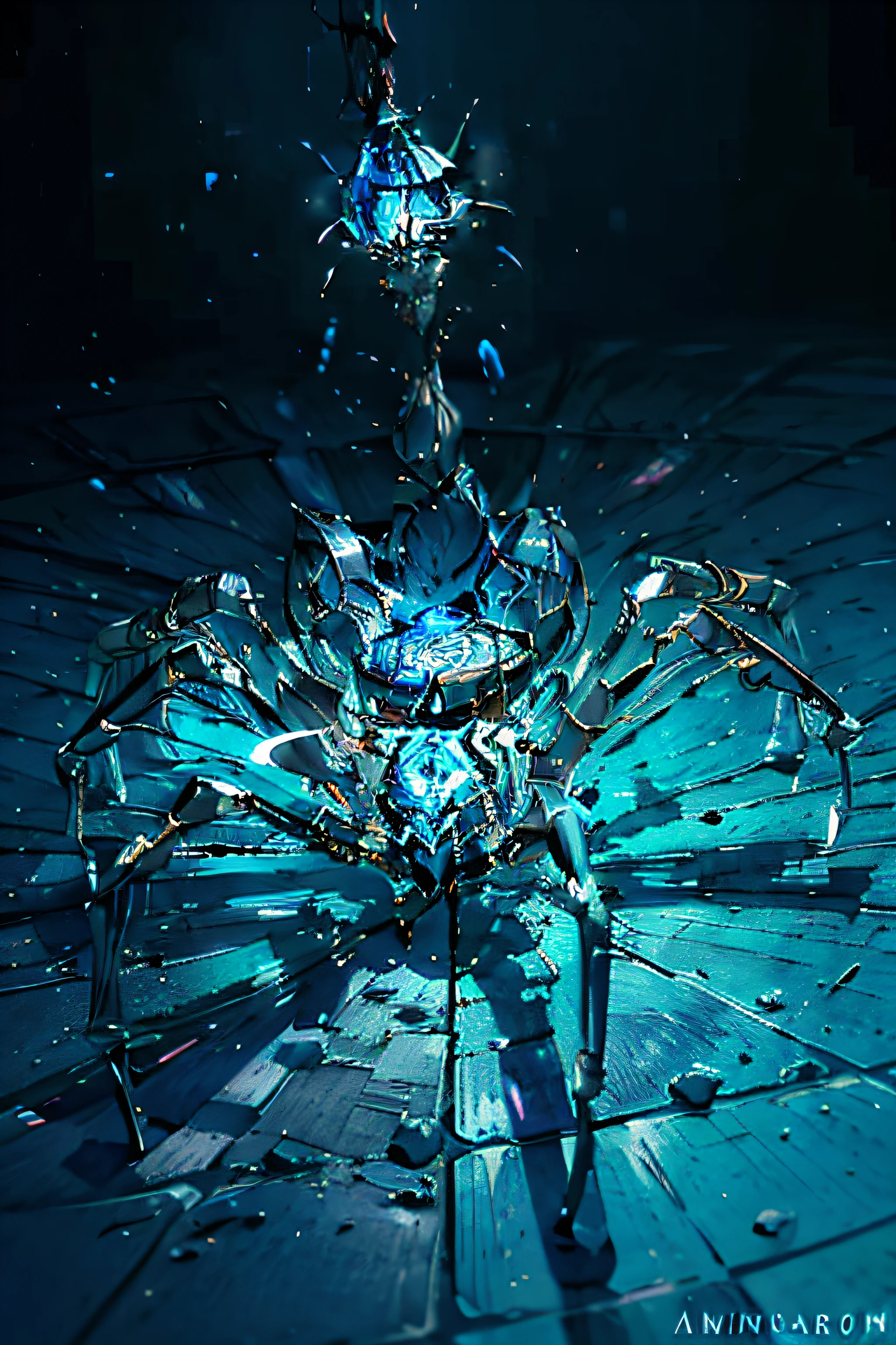 Imaginem uma aranha colossal, About the size of a building, feita inteiramente de safira. Seu corpo brilha com um azul intenso e cristalino, refletindo a luz de forma deslumbrante. Its legs are long and thin, also composed of this precious material. Every movement of the monstrous spider emits sparks and rays of blue light, criando uma aura misteriosa e fascinante