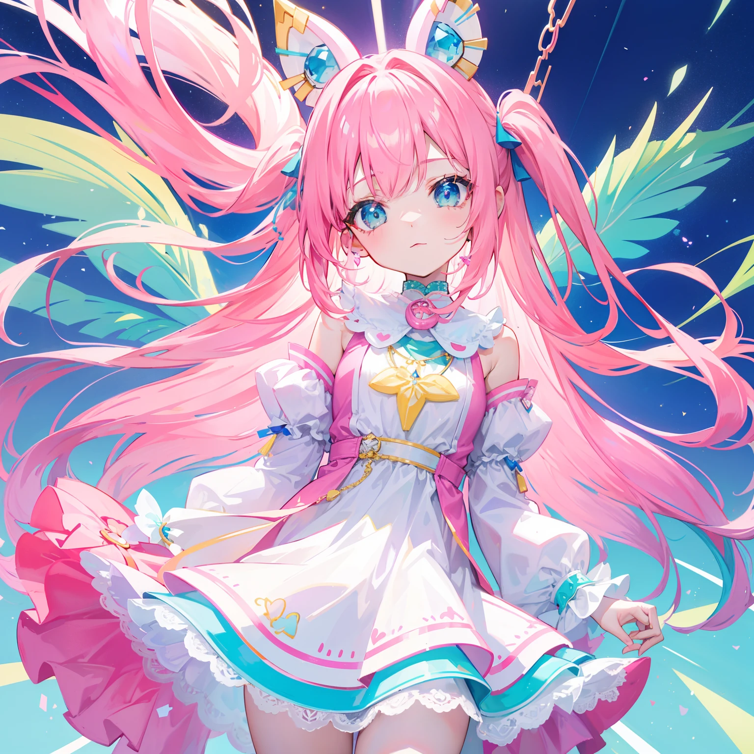 (((masterpiece))),((ultra detailed,best quality, highres, beautiful Clothes,)),fullbody,fullbodyshot (1 girl)((pink hair, long hair,straight hair,two side up)) (green eyes),eyeshadow, eyeliner,glow eyes, hyper detailed eyes, intricate eyes, beautiful eyes, ((glowing pink pupils))18-year-old girl.Little fairy in the palm of a pink-haired girl.light,shine,dazzle,glare,twinkle,reflection,prism,sparkle.

((high contrast RGB effect, LED effect, kaleidoscope effect, shining effect, ripple effect, glitter RGB effect))