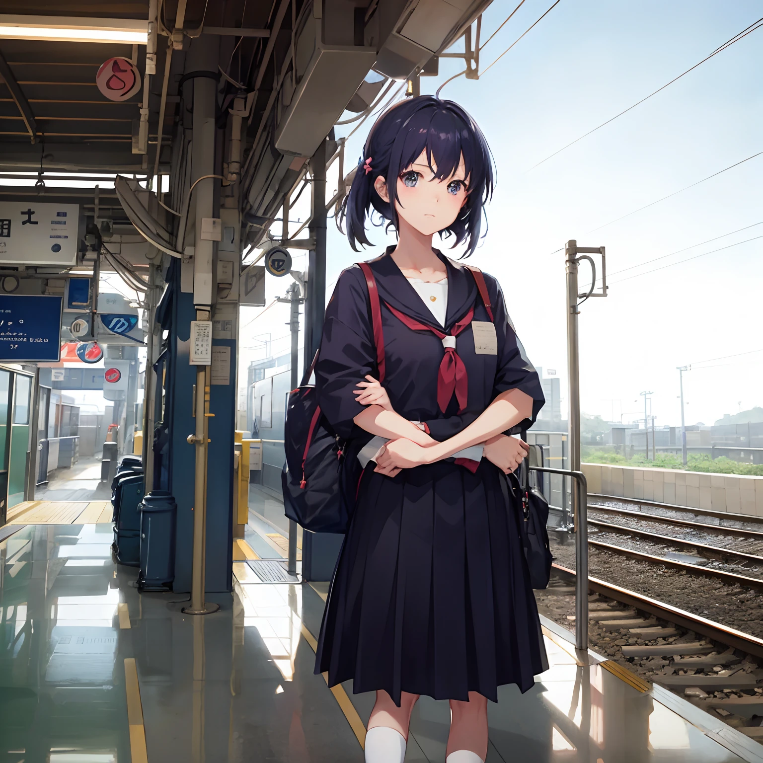 Anime style、Single-track trains、Regional Station Building、High girl waiting for train alone