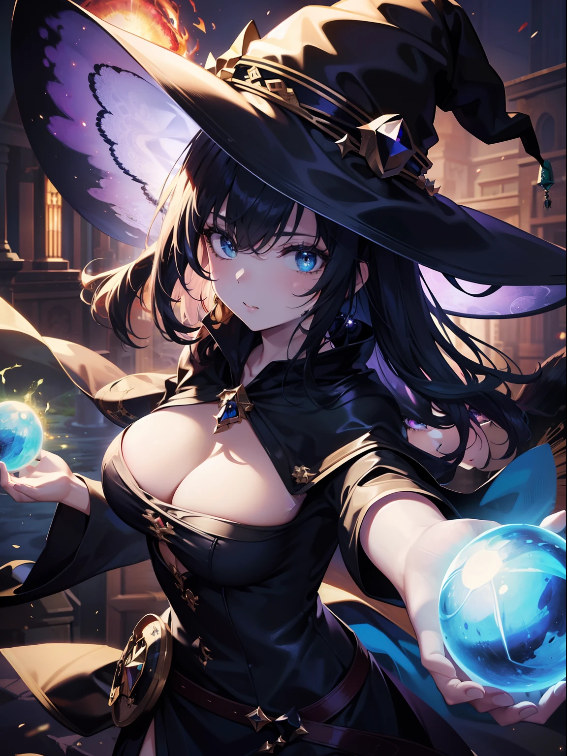 (Masterpiece, Best Quality, Ultra High Resolution),1girl,witch hat, beautiful and detailed face, detailed eyes,obsidian Hair,((witch outfit)),holding a green fireball