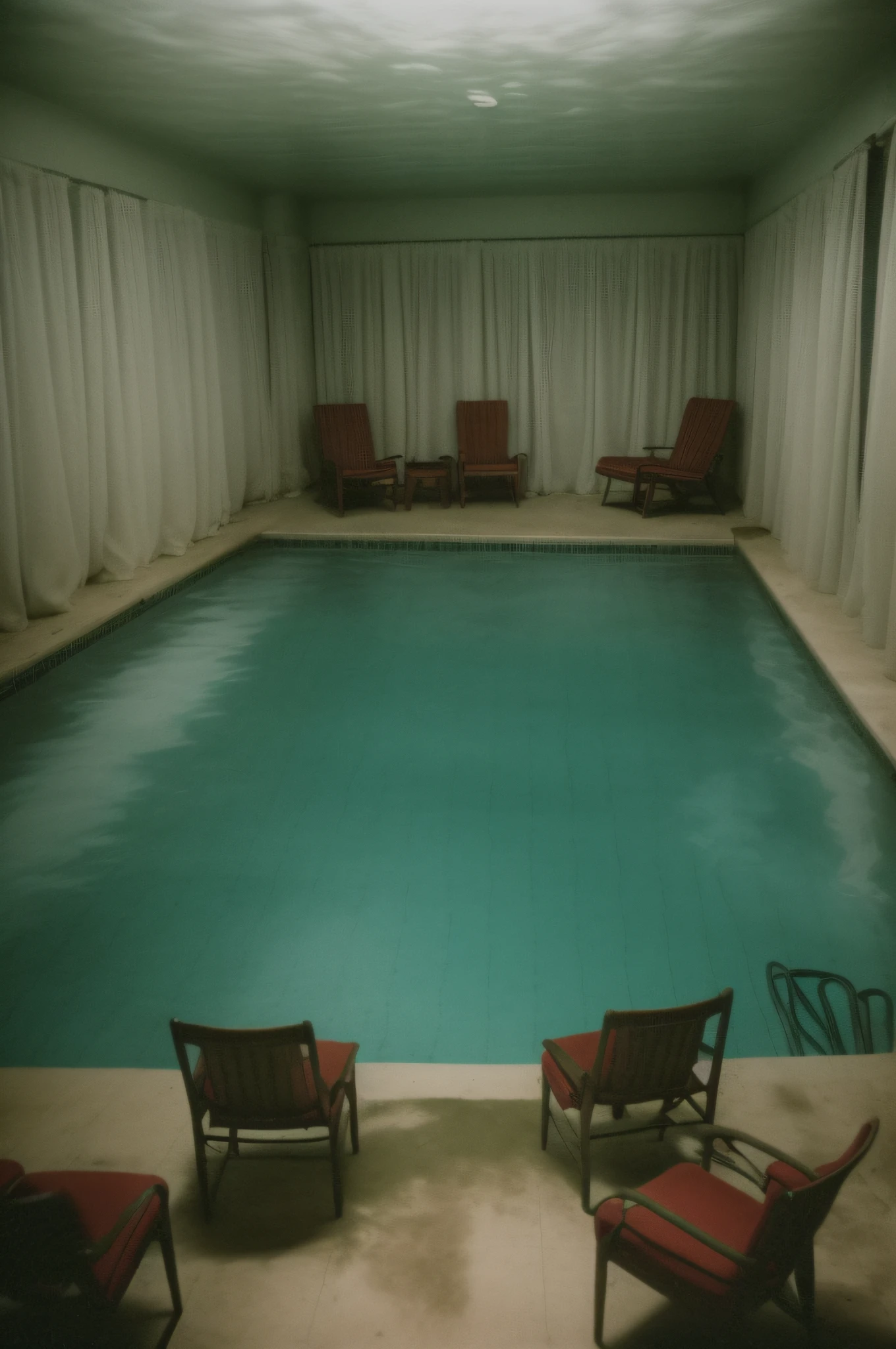 Nostalgic but unsettling photos、Images in a dream、uneasy、deep in the night、natta、((Indoor swimming area、Middle chair、unmanned))、Almost no light、murky、Particle、Grainy photo、Film Touch、horor、terrifying、wide angles、wide-angle lens、