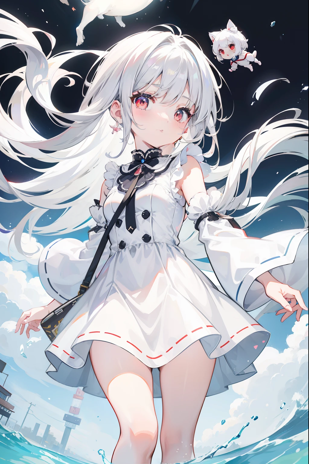 Anime girl wearing white dress,Walk the city streets,small curvaceous ,Silvery hair,Cute anime-style nostalgic costumes,Girl with gray hair,White Cat Girl,white hair floating in air,Young red eye anime girl