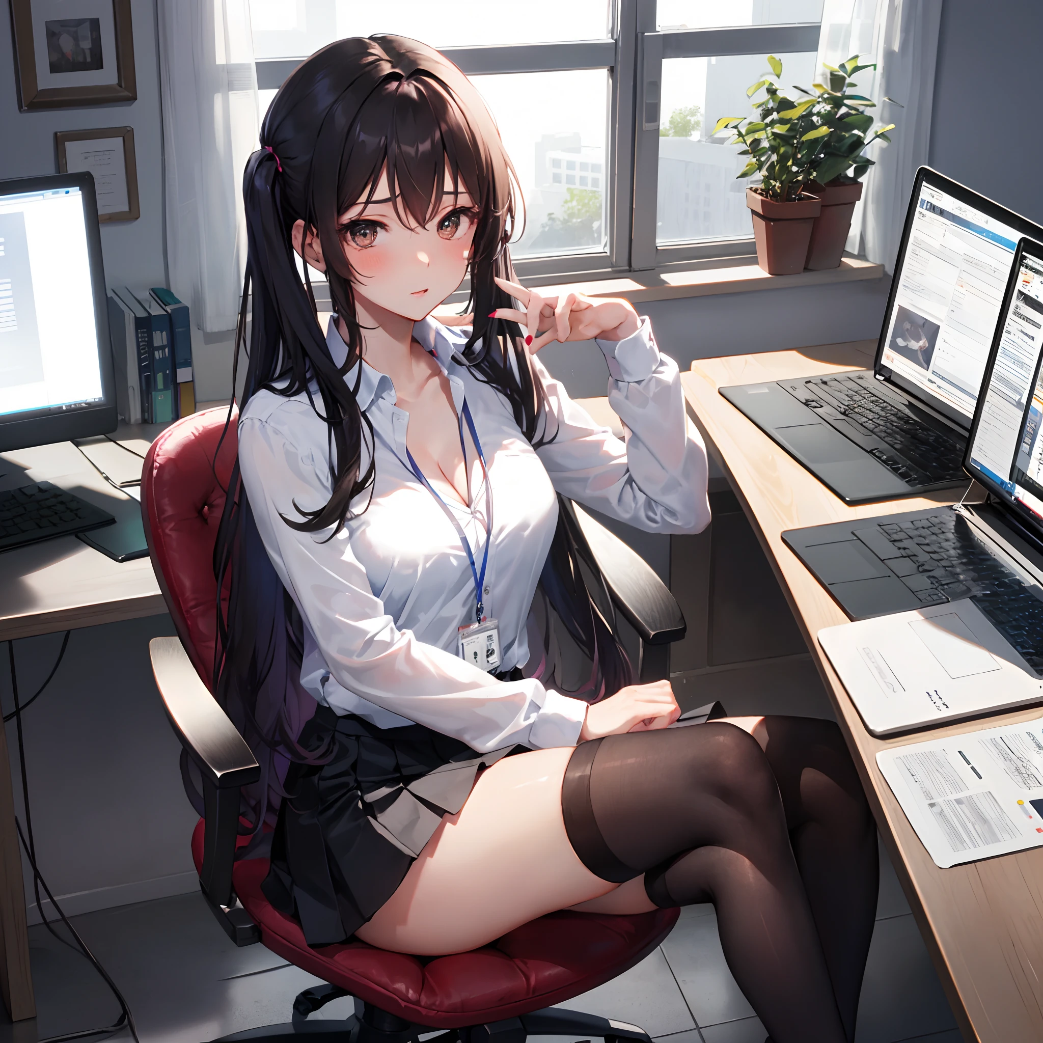 Hu Tao, 1girl, solo, ((white shirt)), black thighhighs, breasts, cleavage, uniform, office background, black skirt, pleated skirt, office, hair between eyes, brown eyes, flower pupils, medium breasts, long hair, looking at viewer, Black hair, brown short nails, solo, thighhighs, thighs, very long hair, ((masterpiece)), sitting, chair, desk, computer on desk, name tag, id tag, indoor, blush, sexy pose, ((long twintail)),