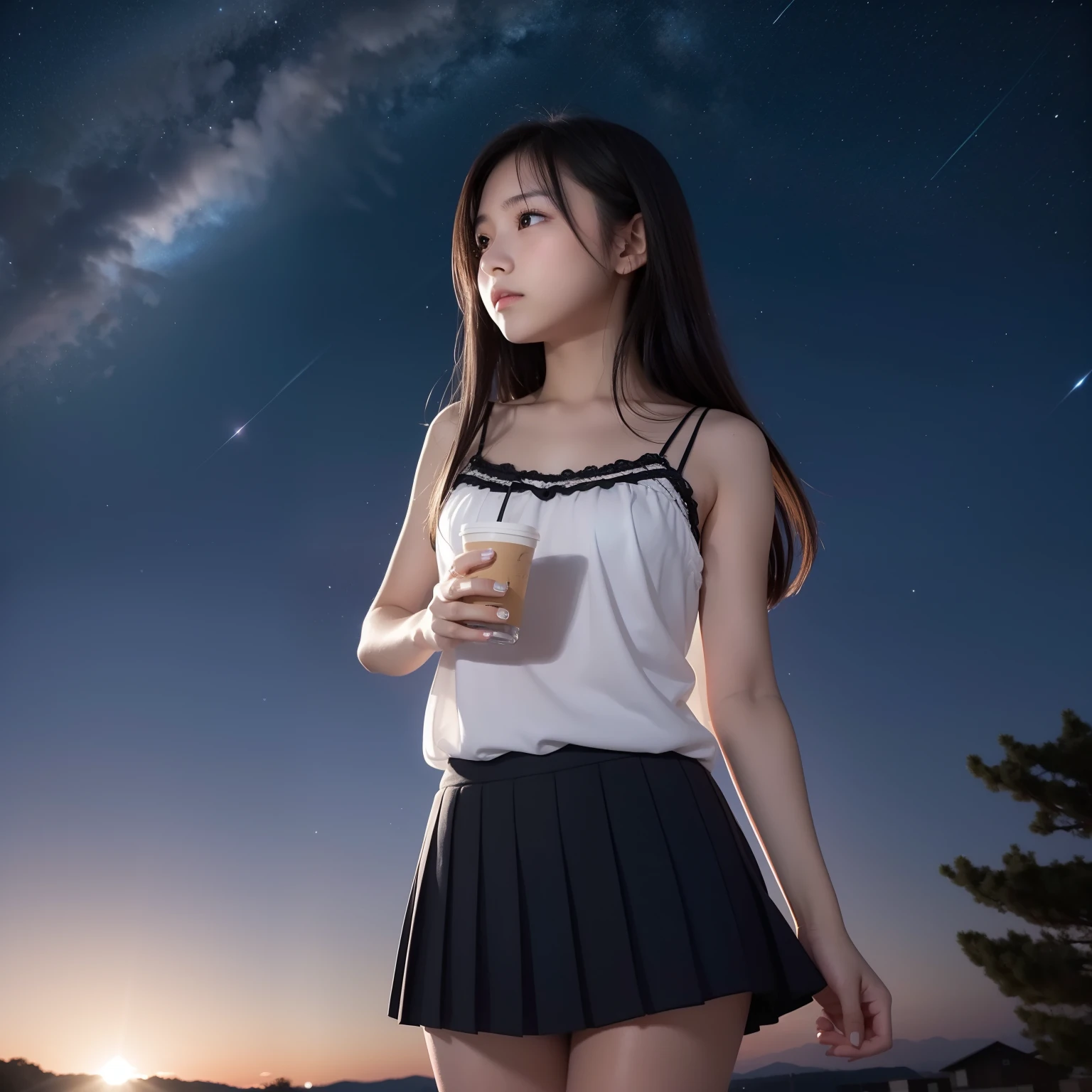 Beautiful images、beautiful image、nigh sky、shooting stars、Meteor swarm、 Girls、Black eyes、length hair、look up sky、japanes、hi-school girl、Camisole、Fluttering miniskirt、