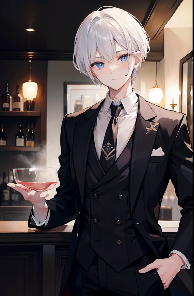 +A young man with white hair in a stylish suit and tie,+ bartending,+ vibrant lighting,