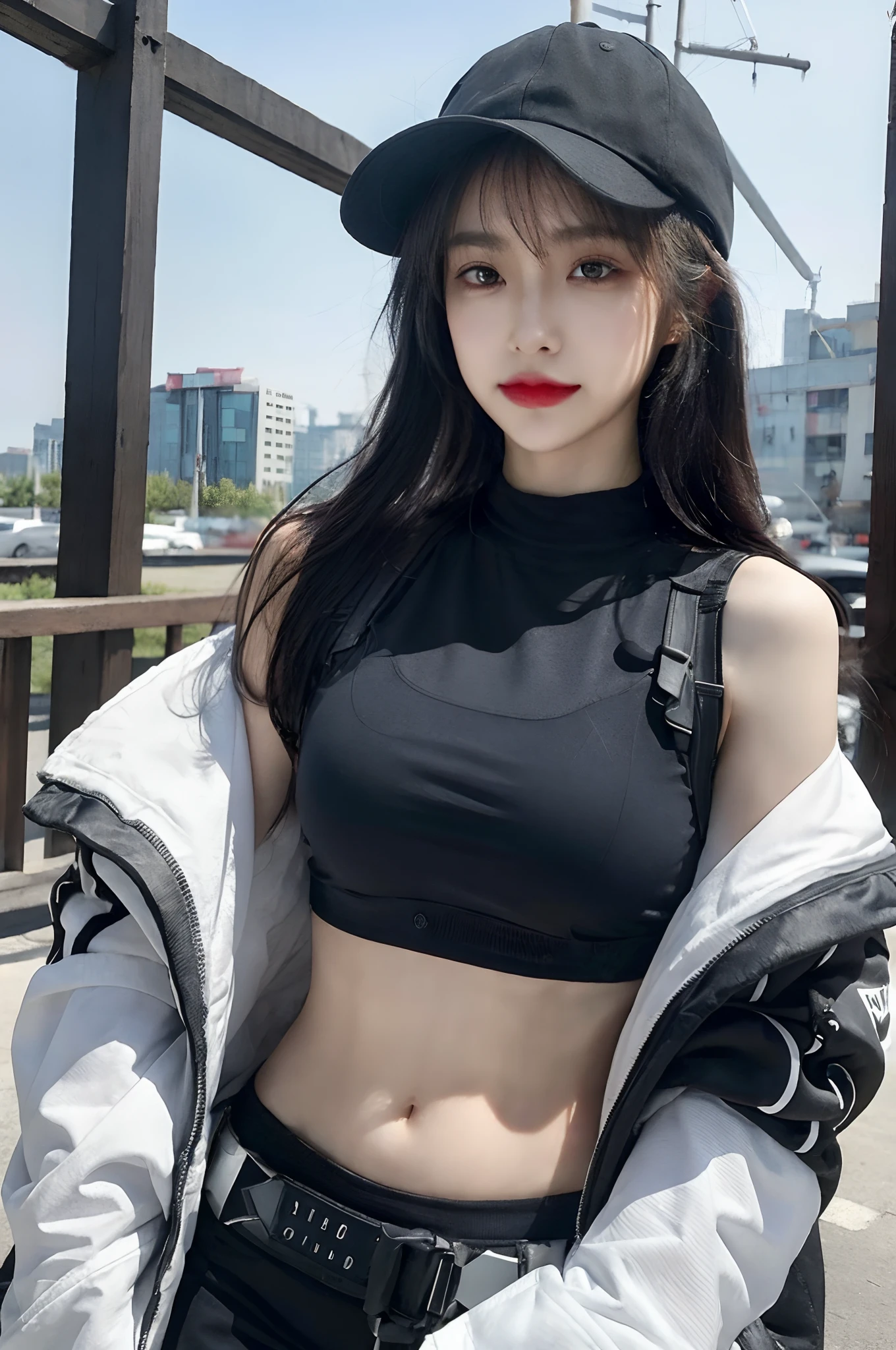 arafed asian woman in a black top and black pants posing for a picture, inspired by Leng Mei, photograph of a techwear woman, model is wearing techtical vest, dreamy cyberpunk girl, korean girl, cyberpunk 2 0 y. o model girl, she is wearing streetwear, sexy :8, tifa lockhart, ulzzang, trending on cgstation, moles under left eyes, earring best quality, Japanese woman, large breasts, very short bob hair,upper body, A beautiful woman with perfect body:1.4, Slim abdomen:1.2, (full body:1.6), ultra-detailed face, delicate eyes, double eyelids, soft breasts, charming expression, huge breasts, perfect body, hat, ((sideboob)),(underboob), huge breast,
