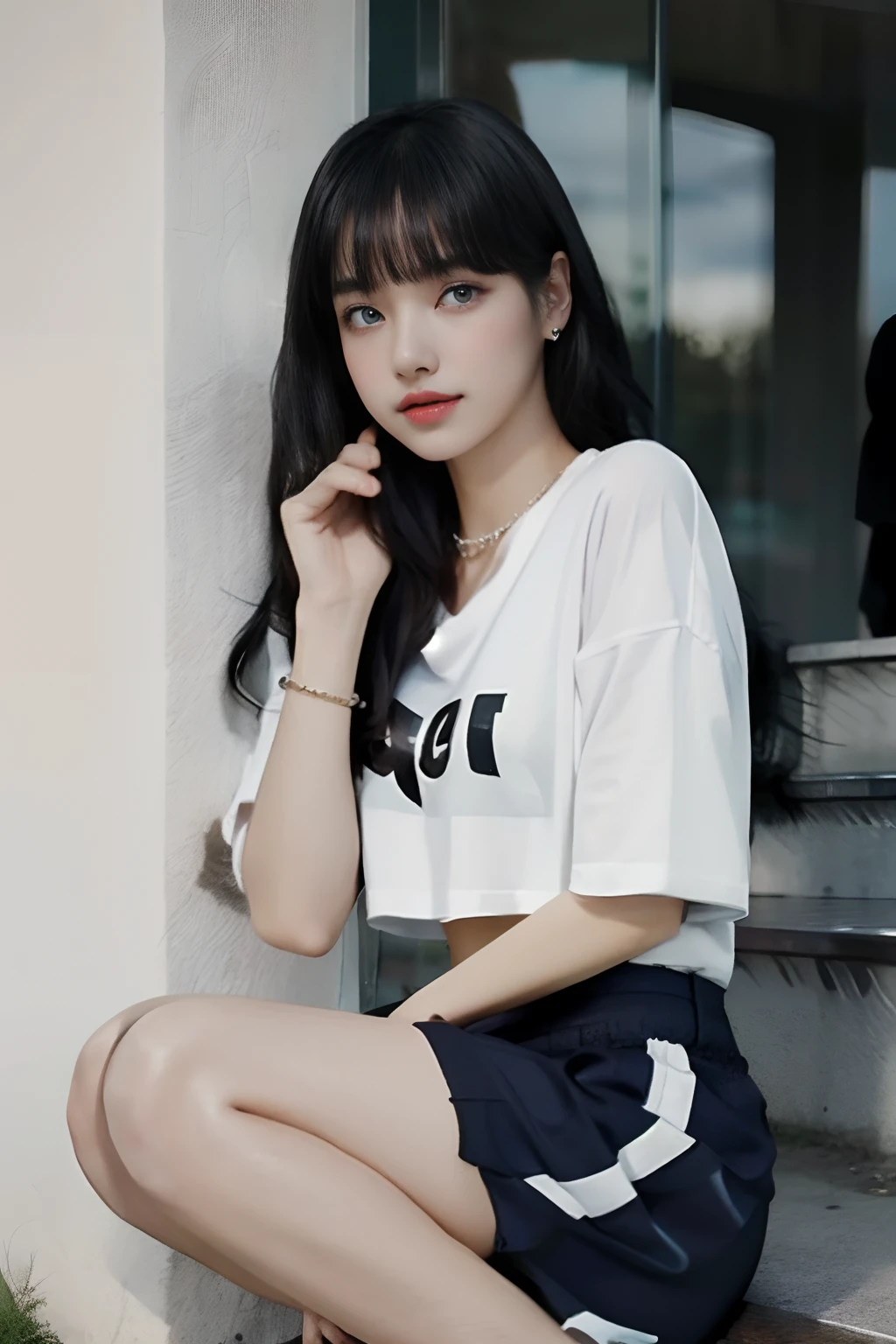 solid butt, nice ass, detail face,detail eyes, Best quality, RAW photos, super high resolution, taken from the side, gentle smile, 17 years old Korean, expose breasts, very large breasts, cleavage, fair skin, shiny white skin, short bob, bright silver hair, neatly matched bangs, cropped T-shirt, training clothes, running shorts, beautiful blue eyes, beautiful eyes of blue colors, very thin lips, beautiful eyes with details, elongated eyes, pale pink blush, long eyelashes, beautiful double eyelids, eyeshadow, beautiful thin legs, beautiful legs, beautiful navel, beautiful abs, beautiful ribs, beautiful constriction, beautiful hip line, earrings, necklace, big park, big stairs in park, sitting on stairs, squatting