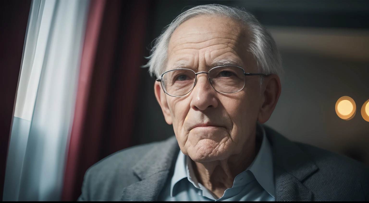 Cinematic portrait photo of a very interesting old man inside a luxury hotel, olhos azuis abertos, Retrato VFX altamente detalhado, taken with a full frame camera with a wild lens, em hotel de luxo,