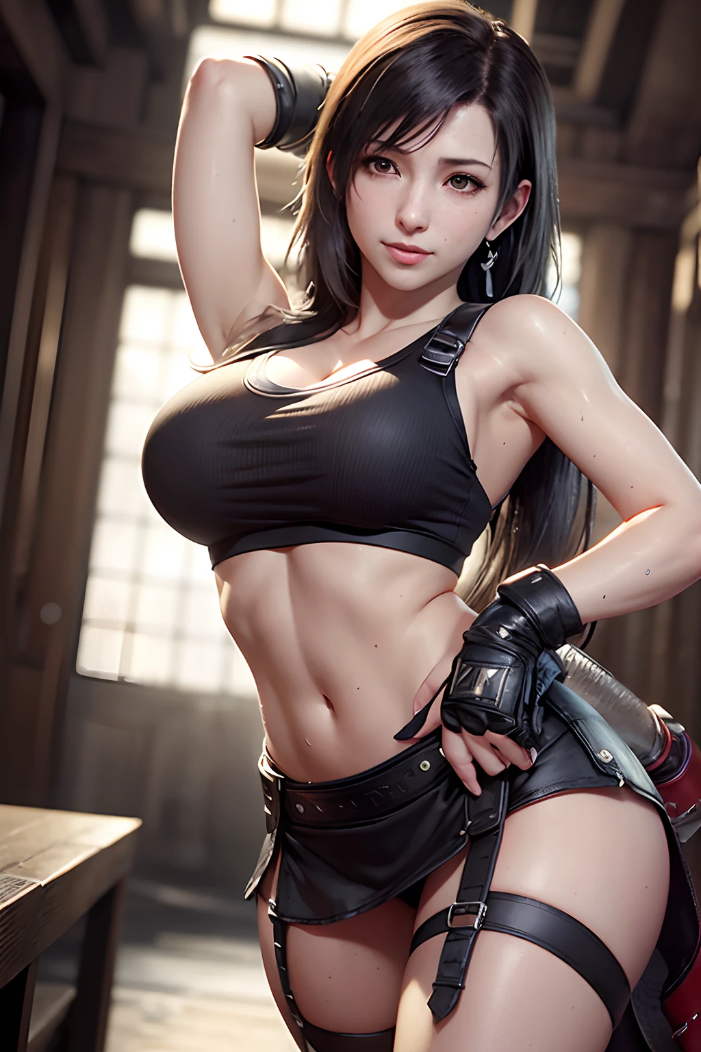 Nature photo of a beautiful girl,Photorealsitic, a picture, path tracing, Specular lighting, Volumetric face light, wetting hair, Visible shadows, Convoluted, Elaborate, one girls, (( Final Fantasy 7R,Tifa Lockhart)), Sunshine, 爆乳, the perfect body, Black skirt, Wet whole body, white tank tops, full bodyesbian,Sheer, sexually arousing, Sex Expressions, open one's legs, Cool cinematic poses, a smile,Ecstatic expression, thighs thighs thighs thighs, Semen,