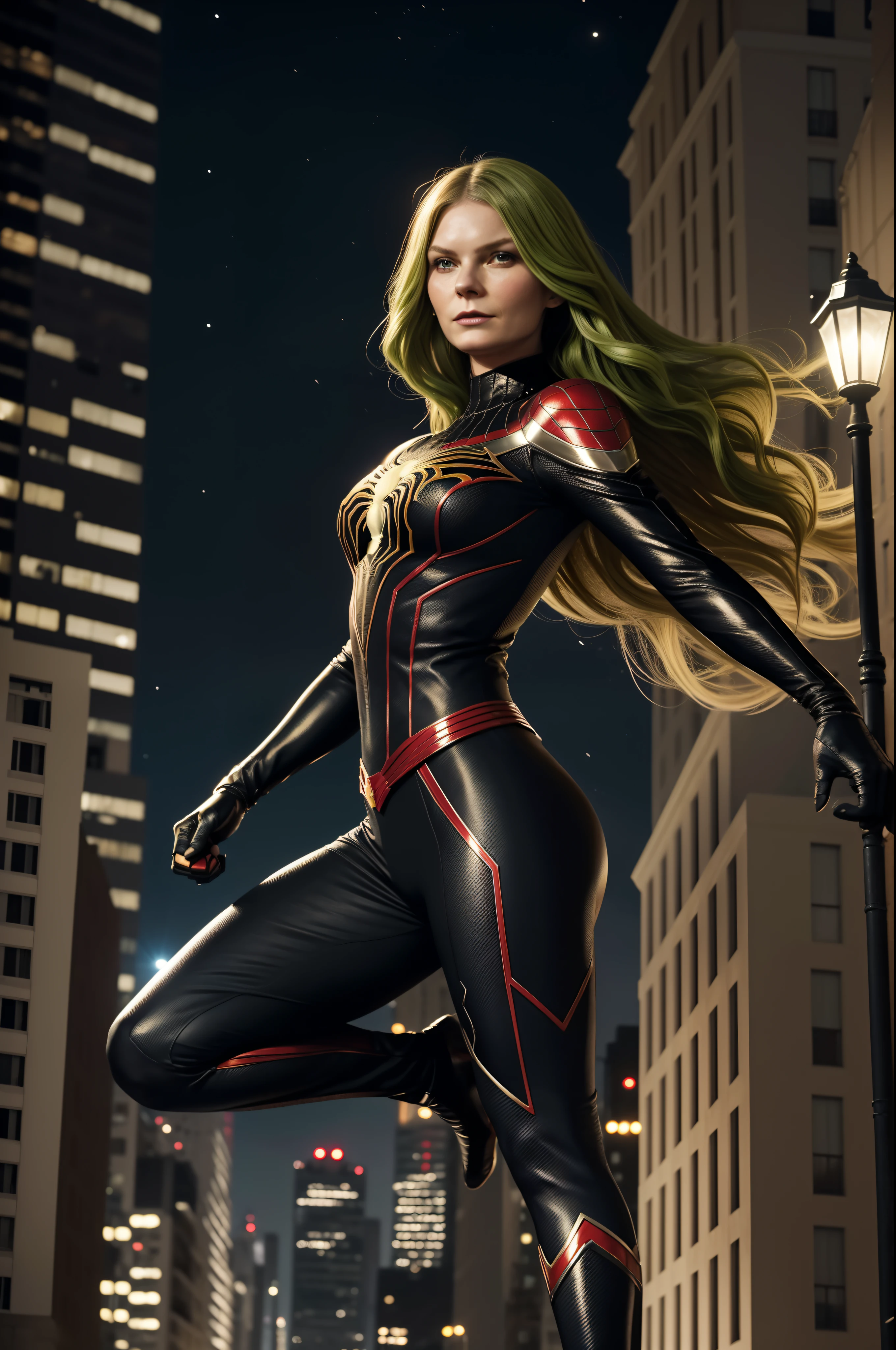 ((a jovem Kirsten Dunst)), (Maria Jane Watson), (master part, 4k resolution, ultra-realistic, Very detailed), (Black superhero theme, Charismatic, no topo da cidade, vestindo o traje do Homem-Aranha, She's a superhero), [ ((25 anos), (longos cabelos ruivos:1.2), corpo inteiro, (olhos verdes:1.2), ((Pose do Homem-Aranha), demonstration of strength, Jumping from one building to another), ((ambiente urbano arenoso):0.8), (Cityscape, at night, dynamic lights), (lua cheia))] # Explanation: The Prompt mainly describes a 4K painting of ultra-high definition, very realistic, Very detailed. It shows a superheroine at the top of the city, vestindo um traje preto do Homem-Aranha. The theme in the painting is a black superhero theme, A protagonista feminina tem longos cabelos ruivos, is 25 years old and her entire body is shown in the painting. In terms of portraying the actions of superheroines, spiders are employed