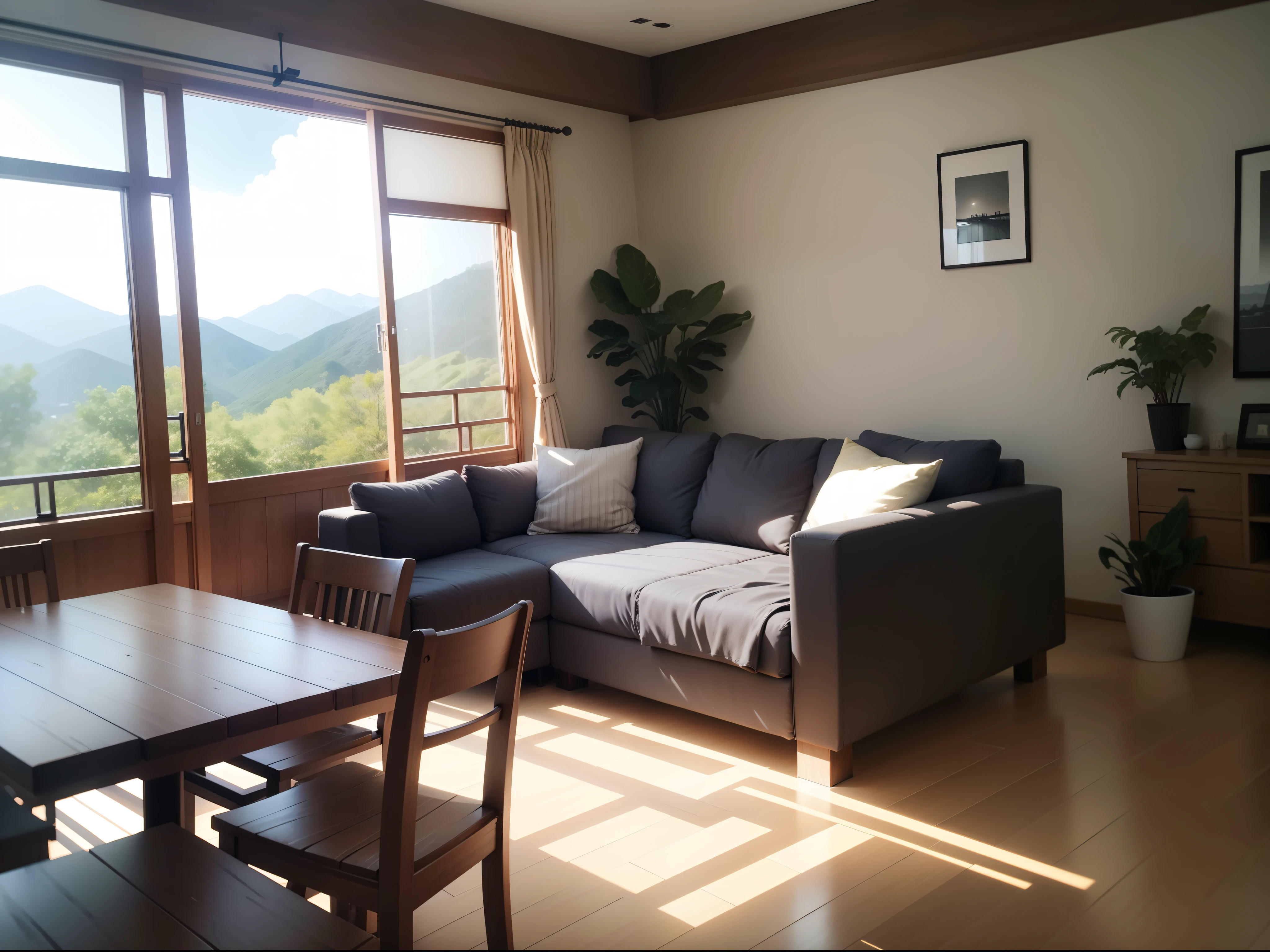 interior design、Insanely detailed wide-angle architectural photo、Cozy contemporary living room、(Bright and warm sunlight 1:0.1)、Award-winning contemporary interior design、landscapes、The table、a chair、in a house、Wooden flooring、window、resturant、east asian east asian architecture、sliding paper doors、abajour、architectural、the woods、naturey、cups、a plant、interior design、Insert lighting and shadows、depth of fields、low illuminance