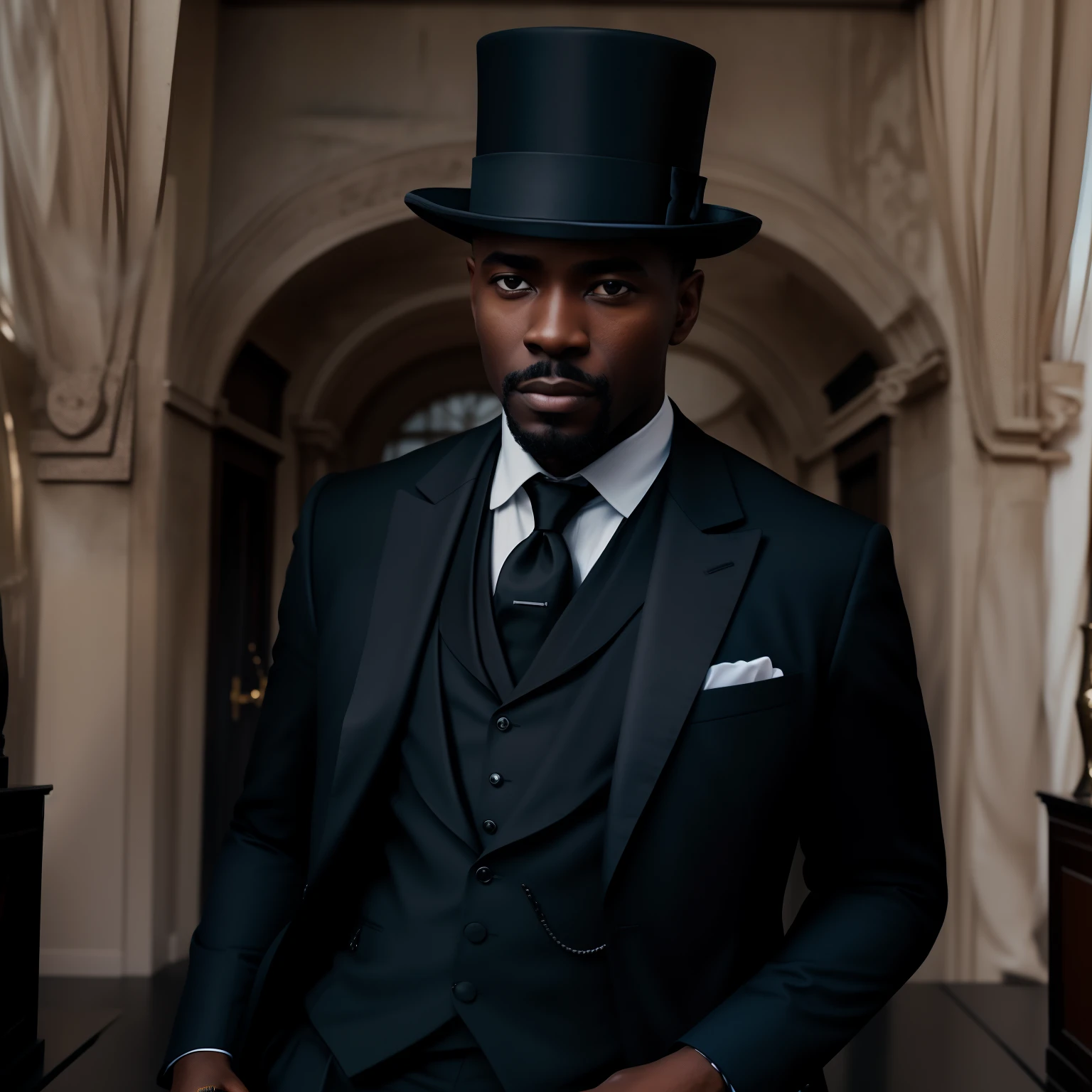 Cinematic photo of a black man wearing a suit and top hat