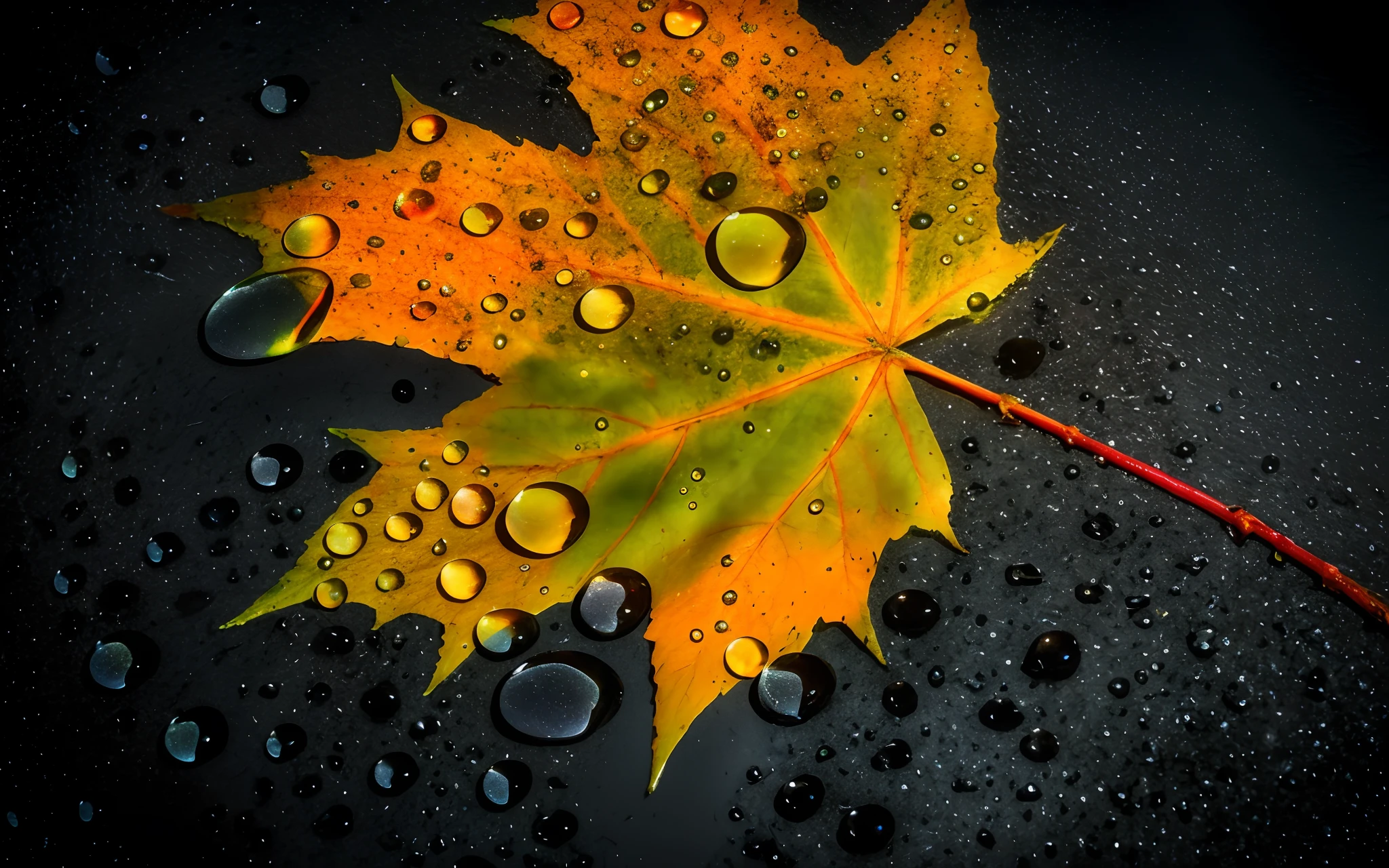 arafed leaf with water droplets on it laying on a black surface, amazing color photograph, autumn rain turkel, prize winning color photo, contrasting colors, autum, wet leaves, droplets, colour hd photography, detailed droplets, amazing photo, drops, splash of color, dew, details and vivid colors, hyperrealistic fall, color photography
