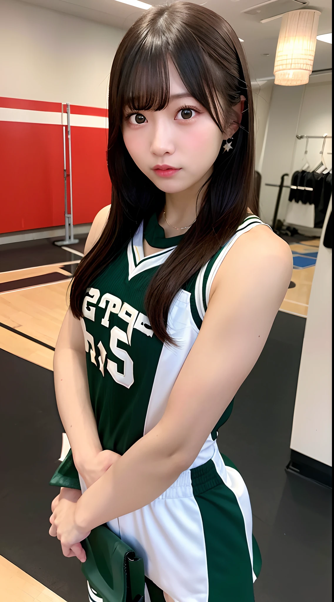 8K raw photos、hight resolution、bustup、abdominals、ribbed、A dark-haired、Basketball practice clothes、Basketball Uniforms、sleeveless、Have a basketball、Background with:Gymnasium、Beautiful at 22 years old Japan、with round face、Very small lips、Round big、Valley、beautiful eyes finely detailed、long eyeslashes、Beautiful double eyelids、Sanpaku eyes、Duck mouth、Blunt bangs、Okappa、耳Nipple Ring、a necklace、random facial expression