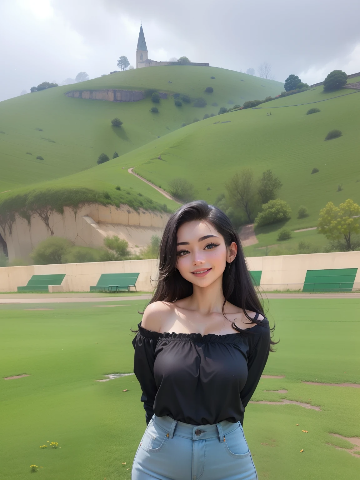 ((Best Quality, 8K, Masterpiece: 1.3)), Sharp Focus: 1.2, A Beautiful Woman with Perfect Figure: 1.4, Slim Abs: 1.2, (Layered Hairstyle,: 1.2)), (Wet White Button Long Shirt: 1.3), Rain: 1.3, Street: 1.2, Wet Body: 1.1, Highly Detailed Face and Skin Texture, Detailed Eyes, Double Eyelids, Big Breasts, Smile,